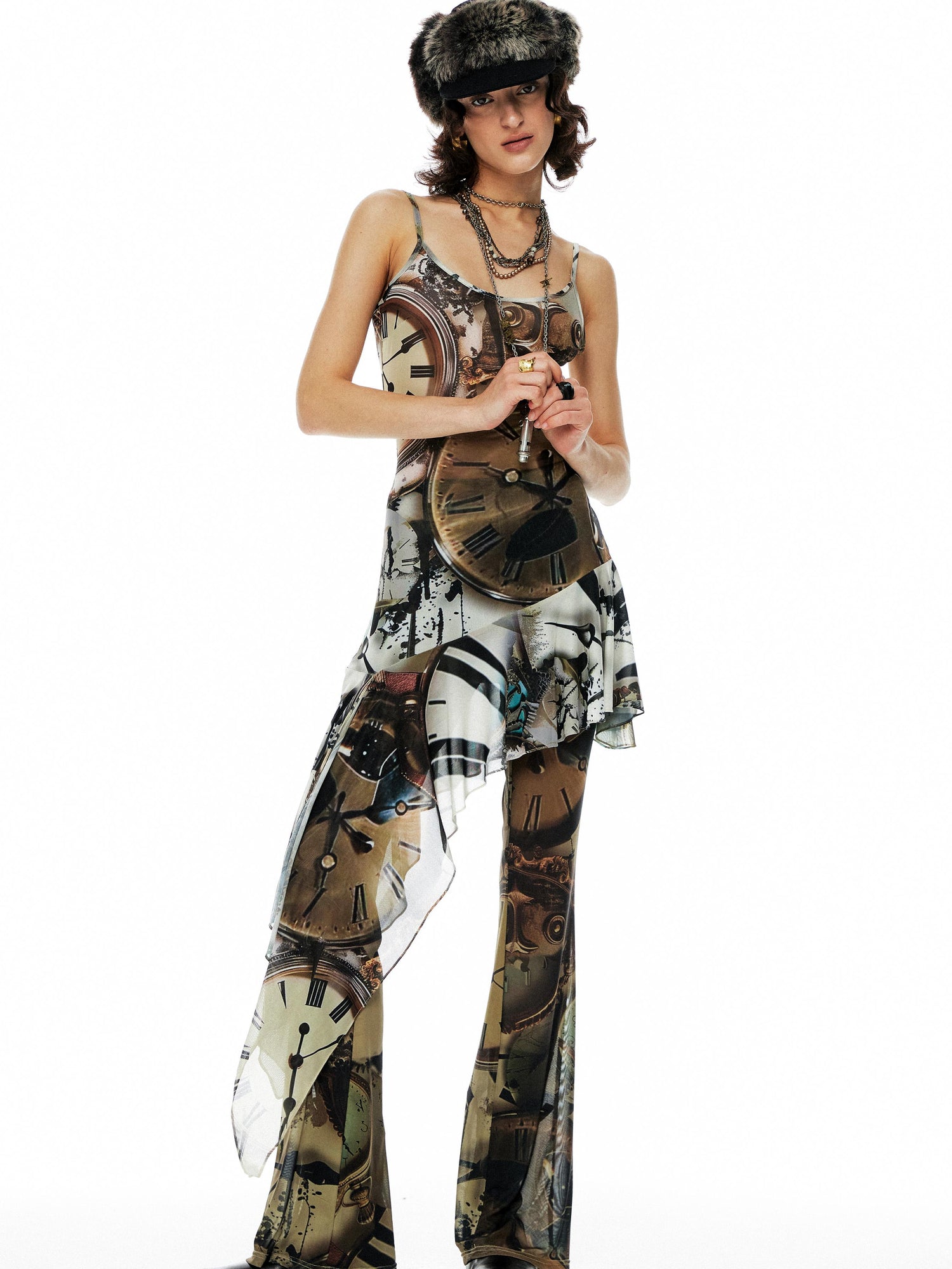 YOSHUYUKI Clock Print Mesh Slip Dress Asymmetric Hem Sheer V-Neck T-Shirt Long-Sleeve