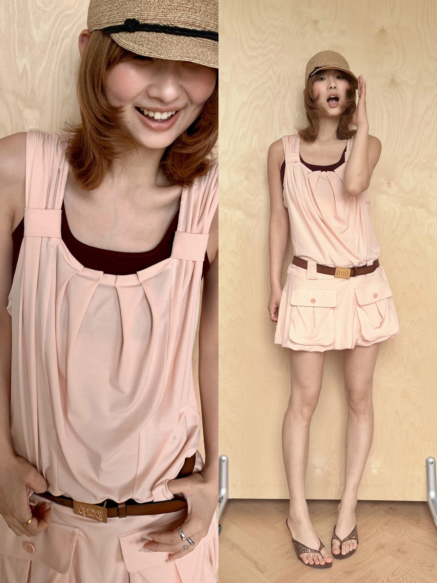 YOSHUYUKI Colorblock Pink Orange Large Pocket Knit Vest Women&