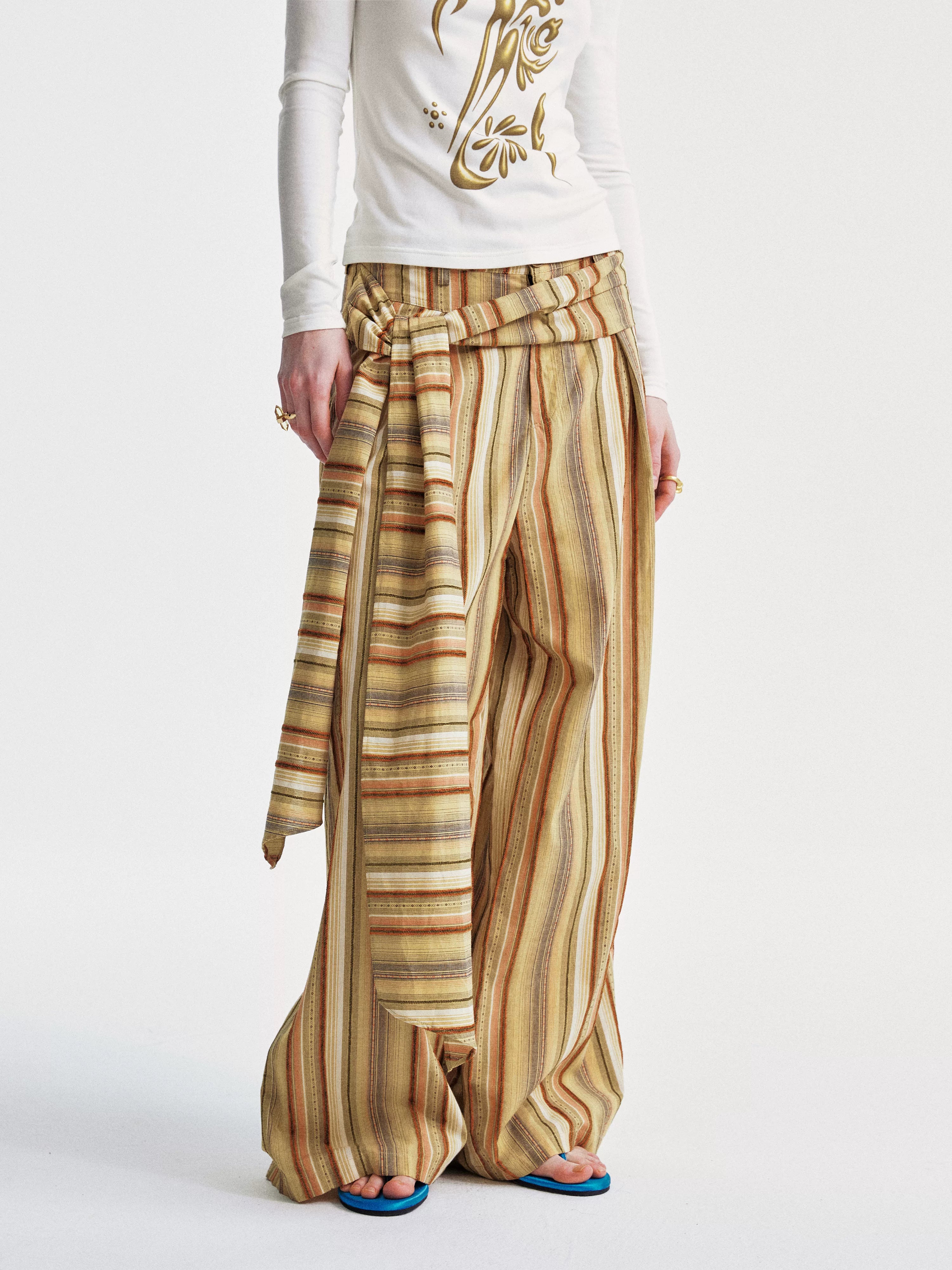 YOSHUYUKI Contrast Stripe Wide Tie Waist Trousers-1
