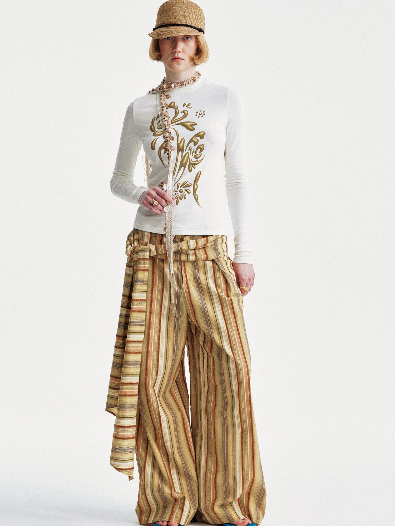 YOSHUYUKI Contrast Stripe Wide Tie Waist Trousers