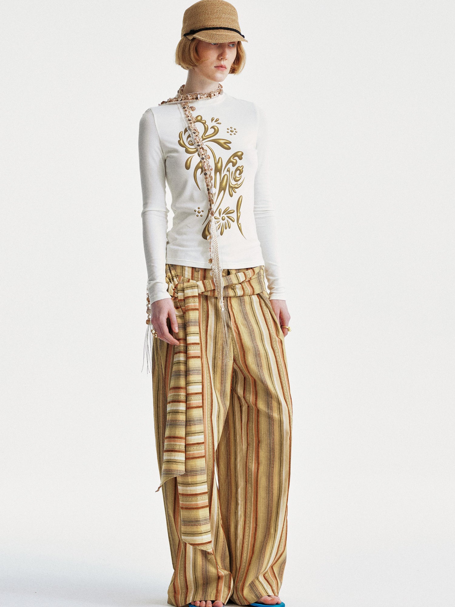 YOSHUYUKI Contrast Stripe Wide Tie Waist Trousers