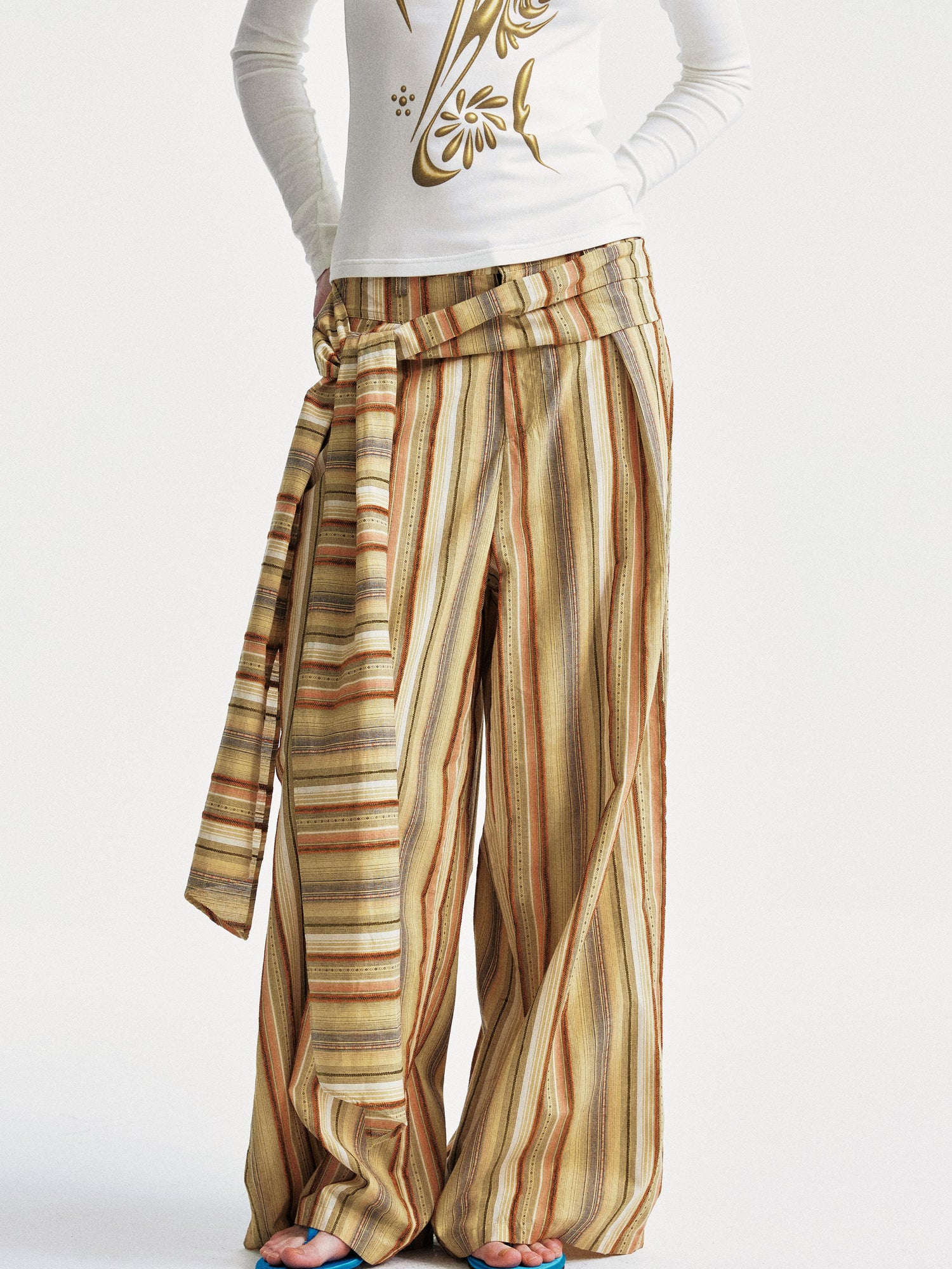 YOSHUYUKI Contrast Stripe Wide Tie Waist Trousers