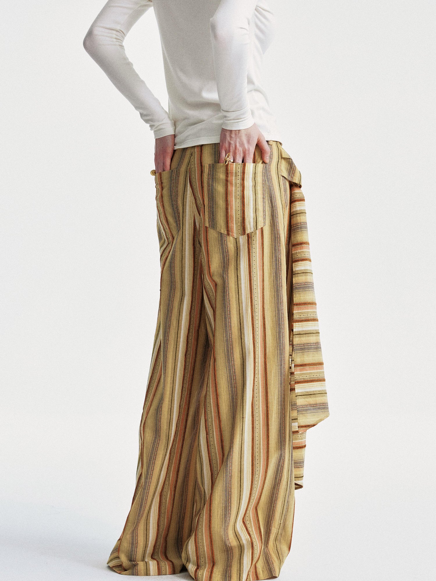 YOSHUYUKI Contrast Stripe Wide Tie Waist Trousers