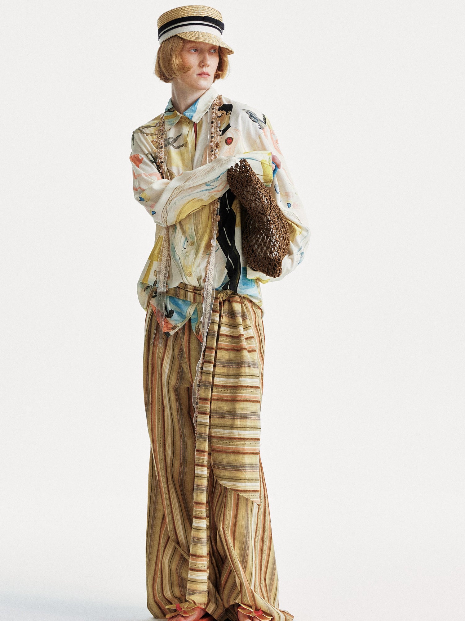 YOSHUYUKI Contrast Stripe Wide Tie Waist Trousers