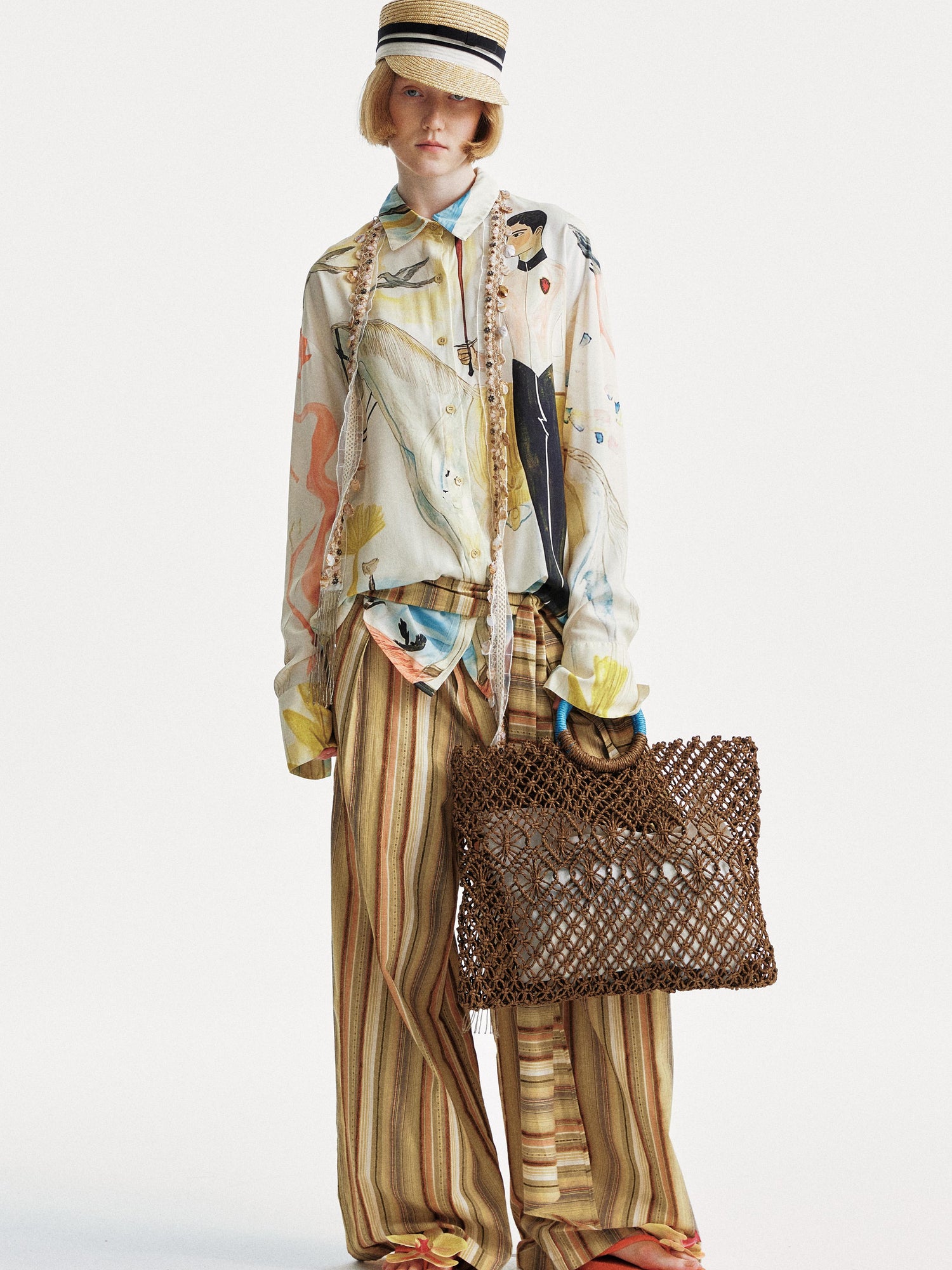 YOSHUYUKI Contrast Stripe Wide Tie Waist Trousers