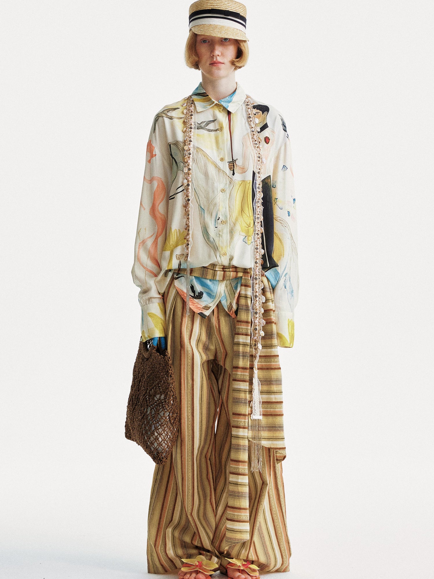 YOSHUYUKI Contrast Stripe Wide Tie Waist Trousers