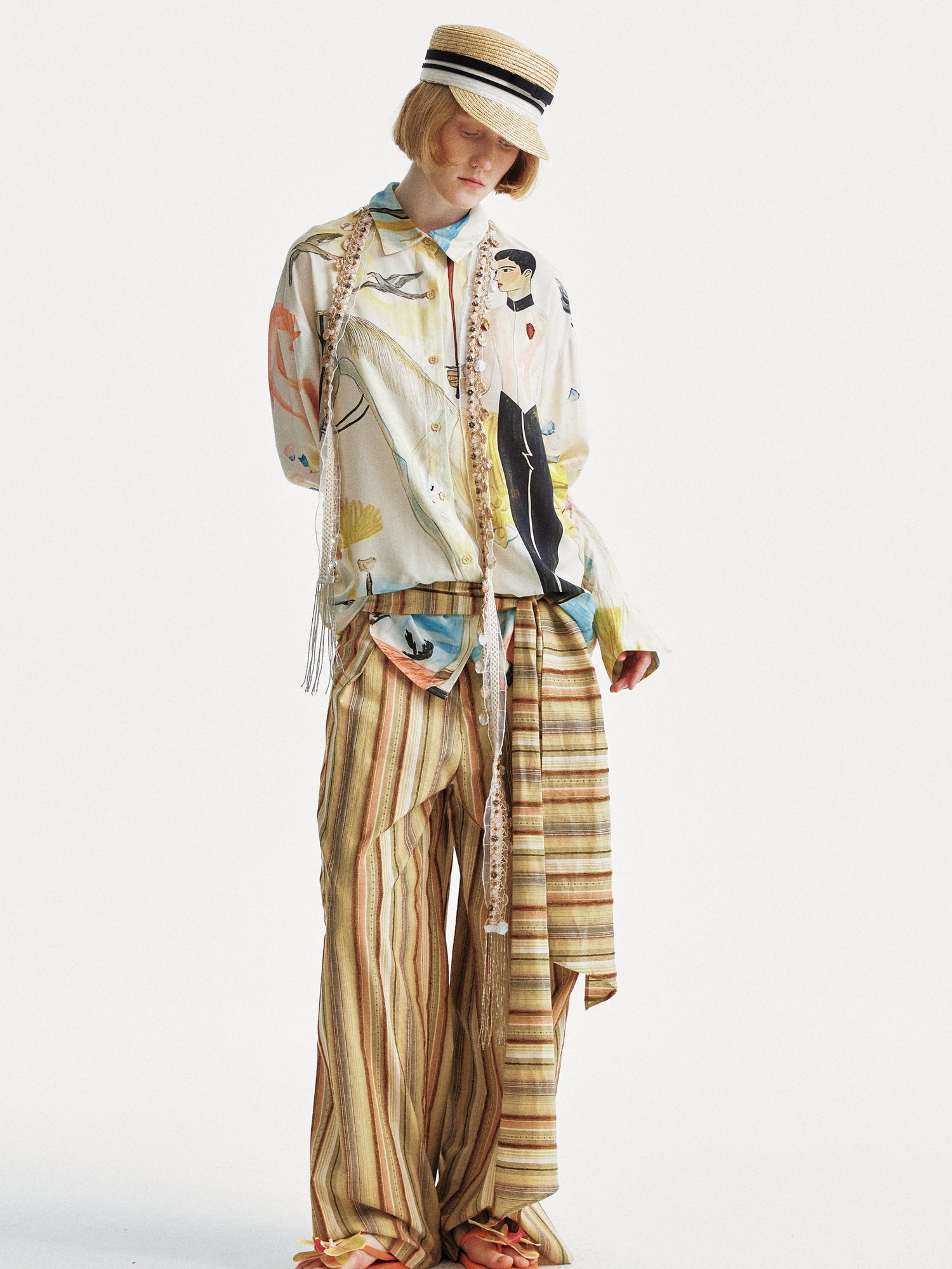 YOSHUYUKI Contrast Stripe Wide Tie Waist Trousers