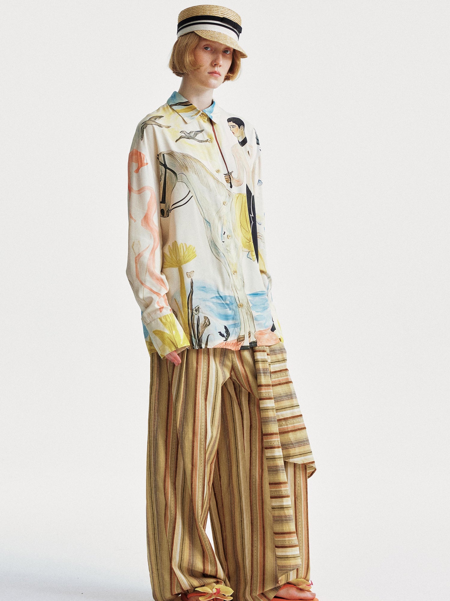 YOSHUYUKI Contrast Stripe Wide Tie Waist Trousers