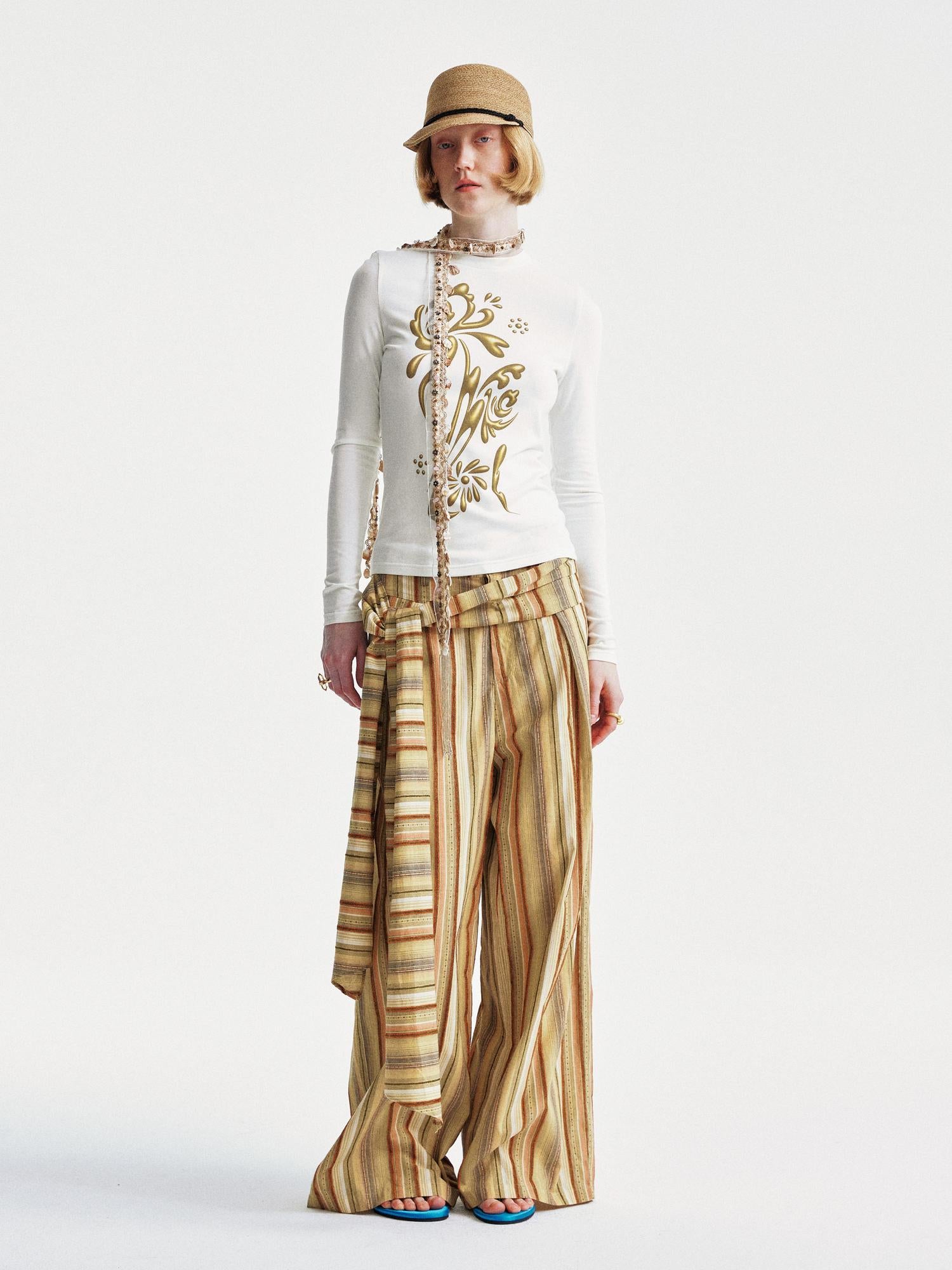 YOSHUYUKI Contrast Stripe Wide Tie Waist Trousers