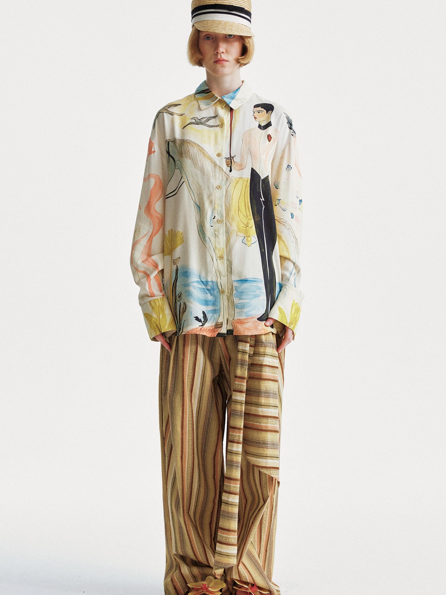 YOSHUYUKI Contrast Stripe Wide Tie Waist Trousers