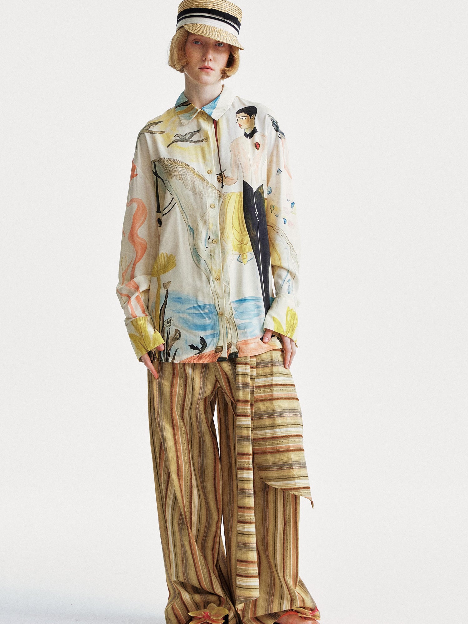 YOSHUYUKI Contrast Stripe Wide Tie Waist Trousers