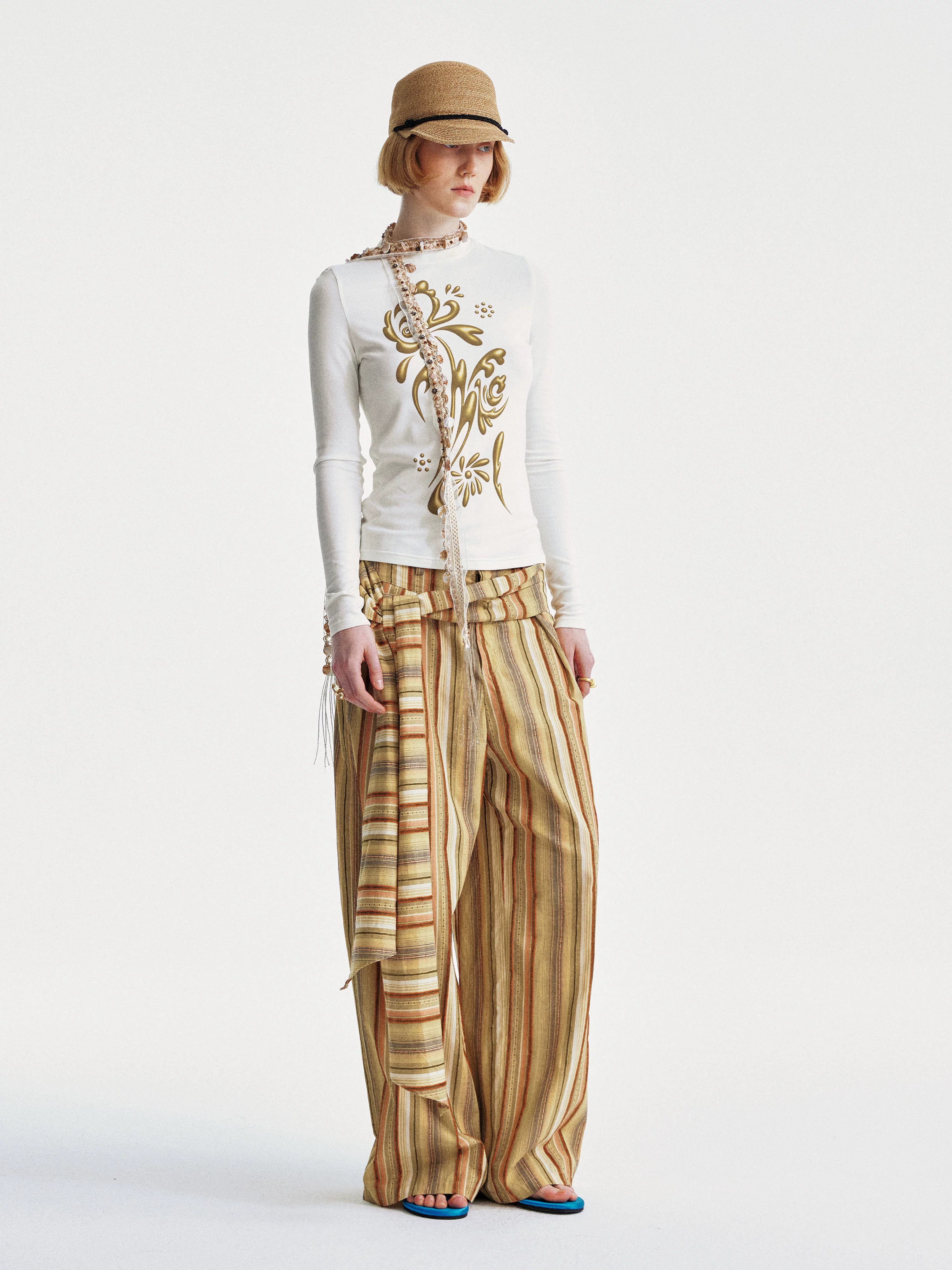 YOSHUYUKI Contrast Stripe Wide Tie Waist Trousers-3
