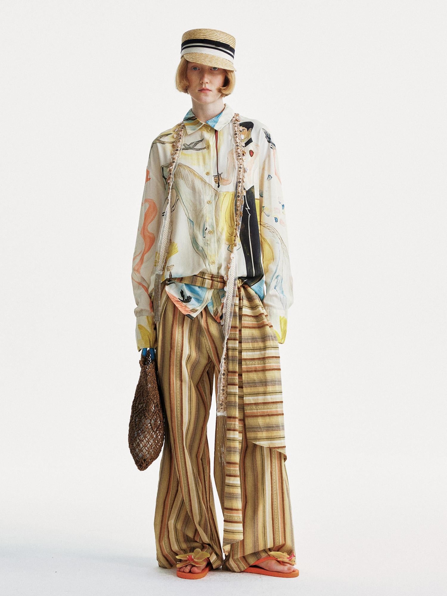 YOSHUYUKI Contrast Stripe Wide Tie Waist Trousers