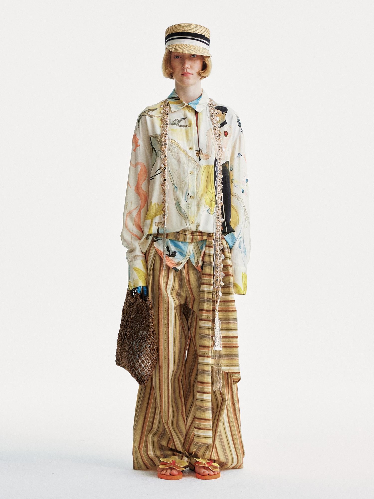 YOSHUYUKI Contrast Stripe Wide Tie Waist Trousers