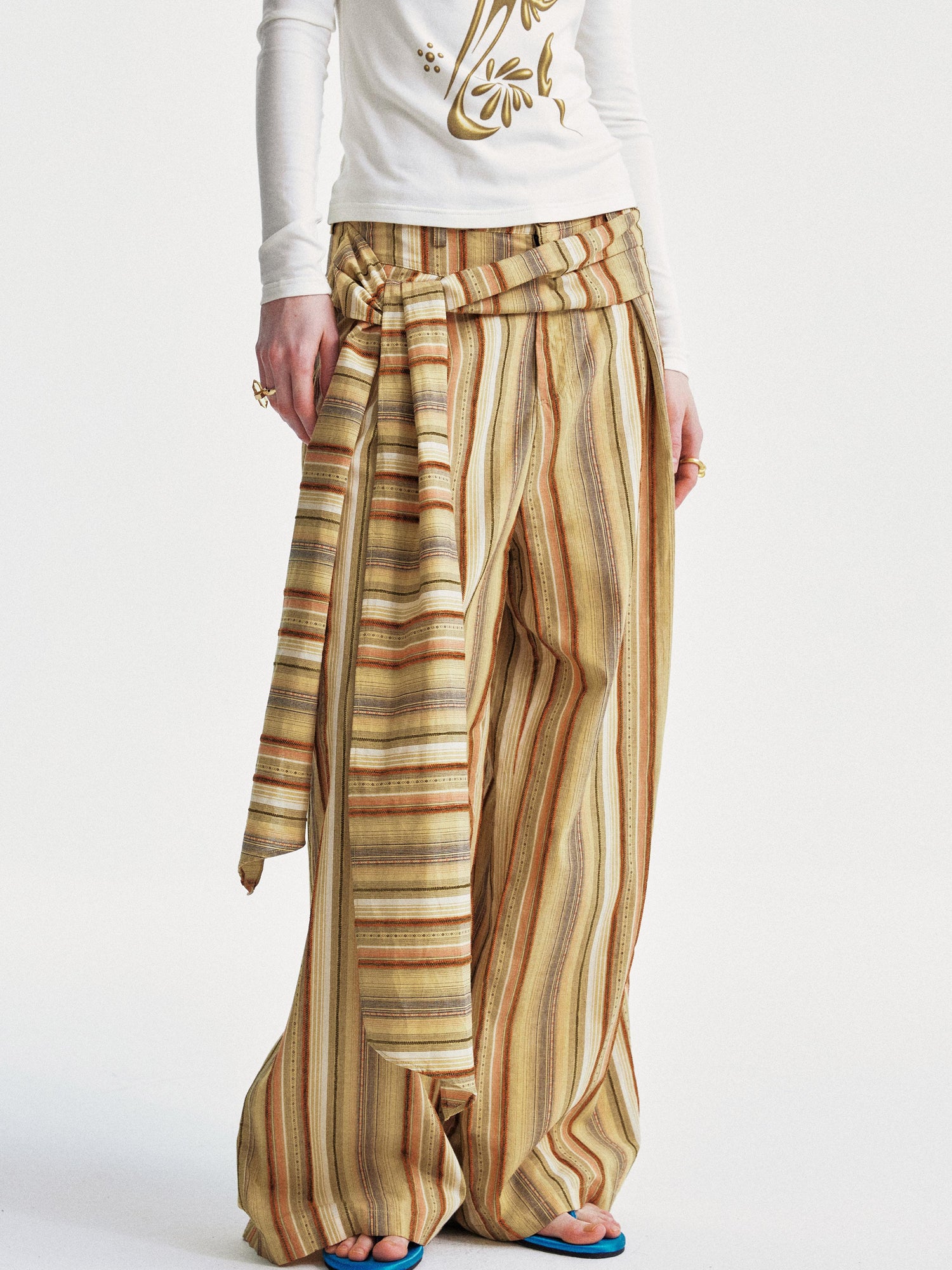 YOSHUYUKI Contrast Stripe Wide Tie Waist Trousers