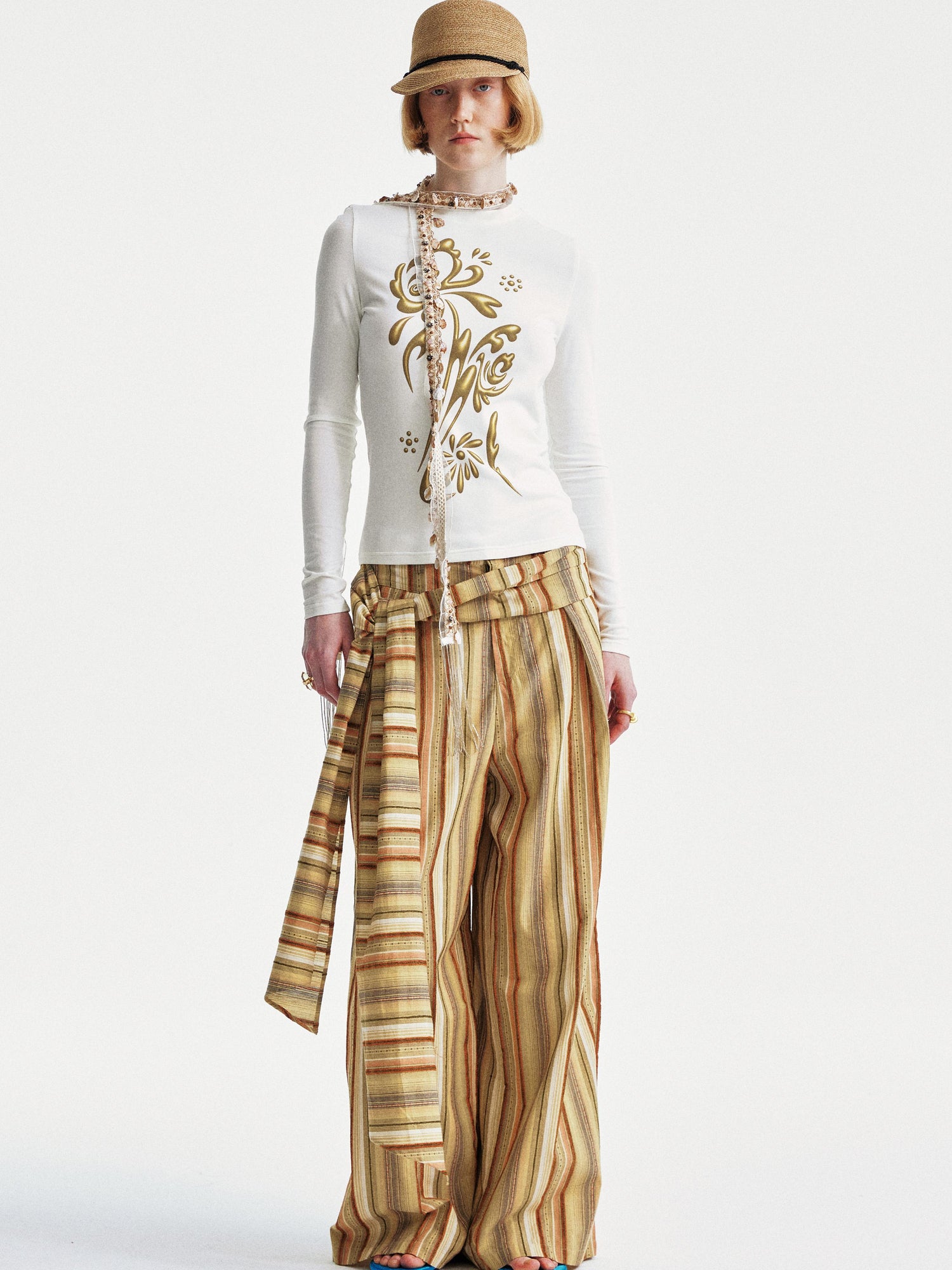 YOSHUYUKI Contrast Stripe Wide Tie Waist Trousers