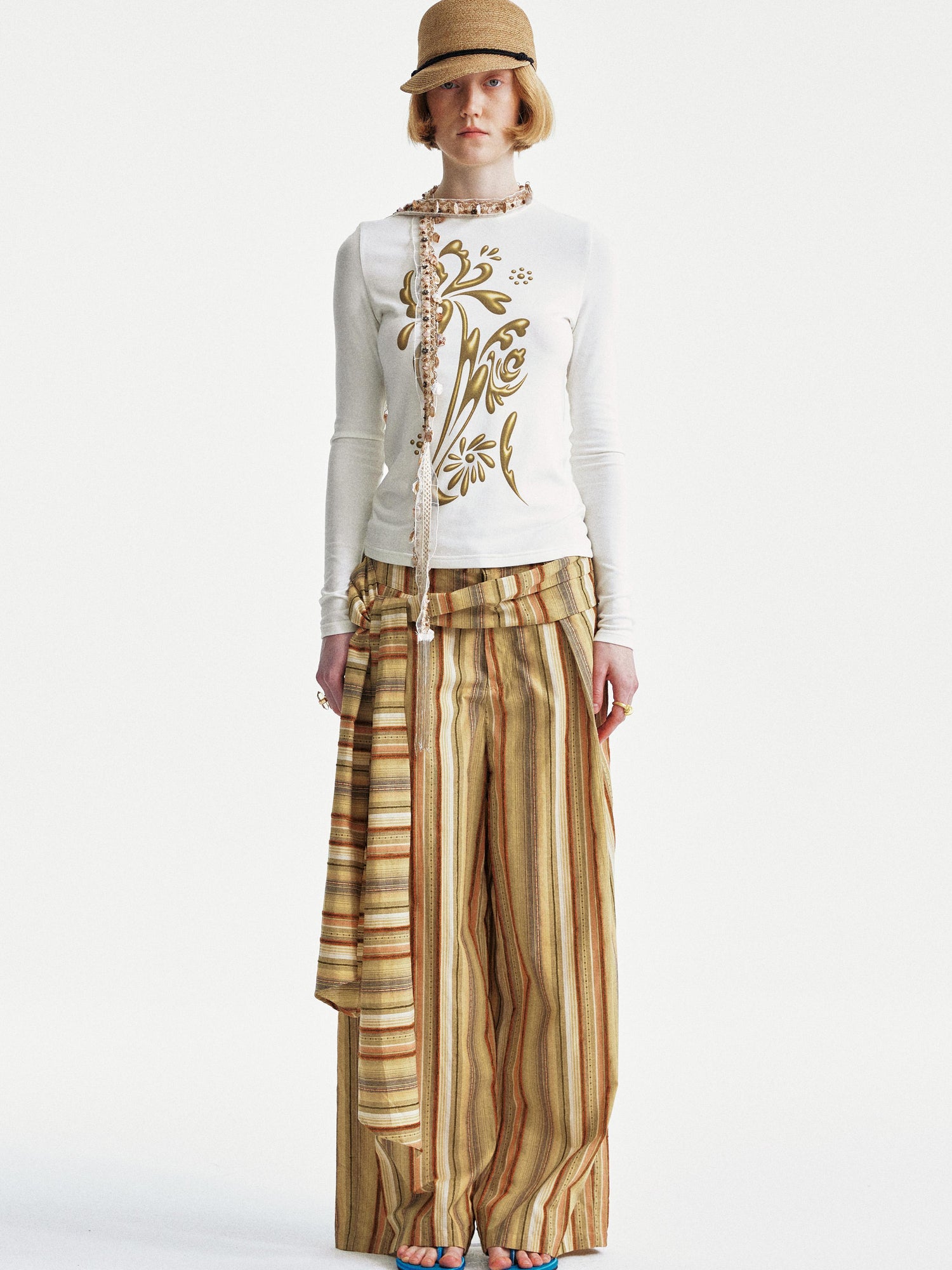 YOSHUYUKI Contrast Stripe Wide Tie Waist Trousers