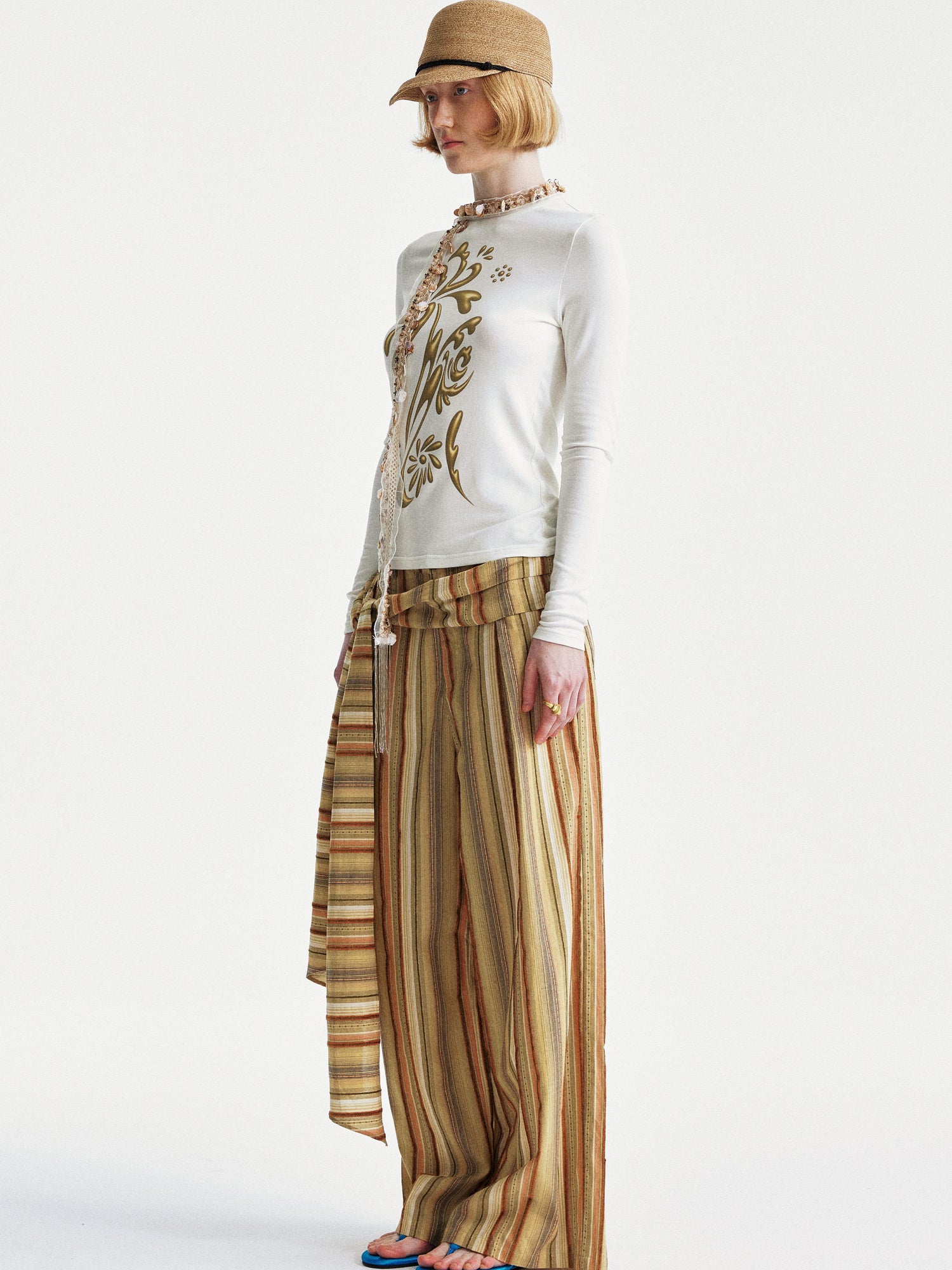 YOSHUYUKI Contrast Stripe Wide Tie Waist Trousers