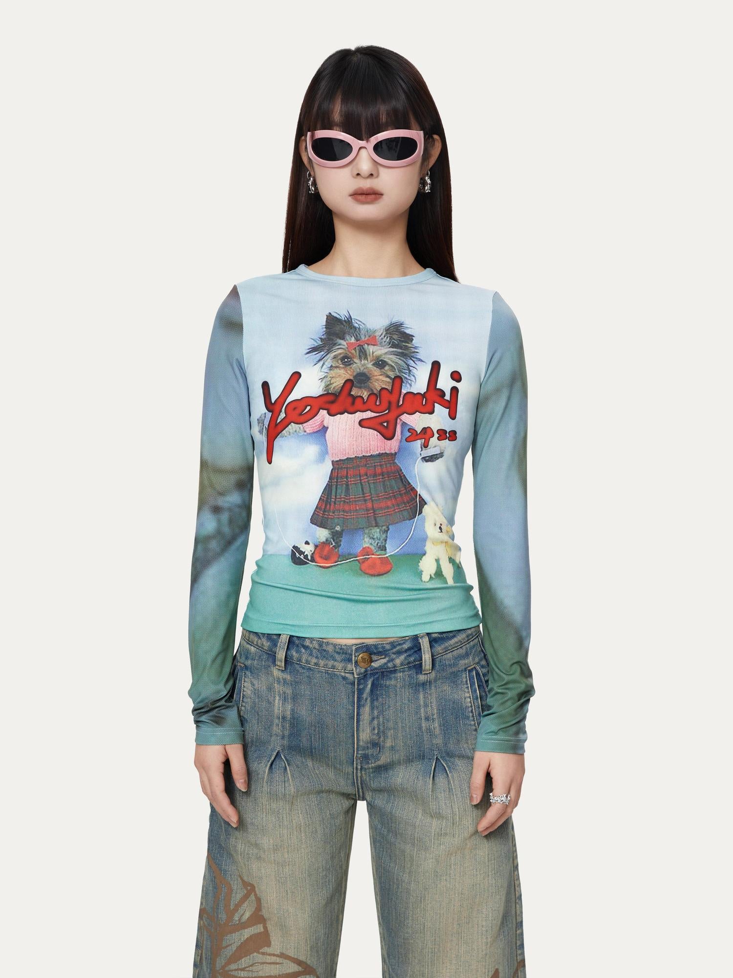 YOSHUYUKI Dancing Puppy Yoshuyuki Print Fitted Long Sleeve T Shirt