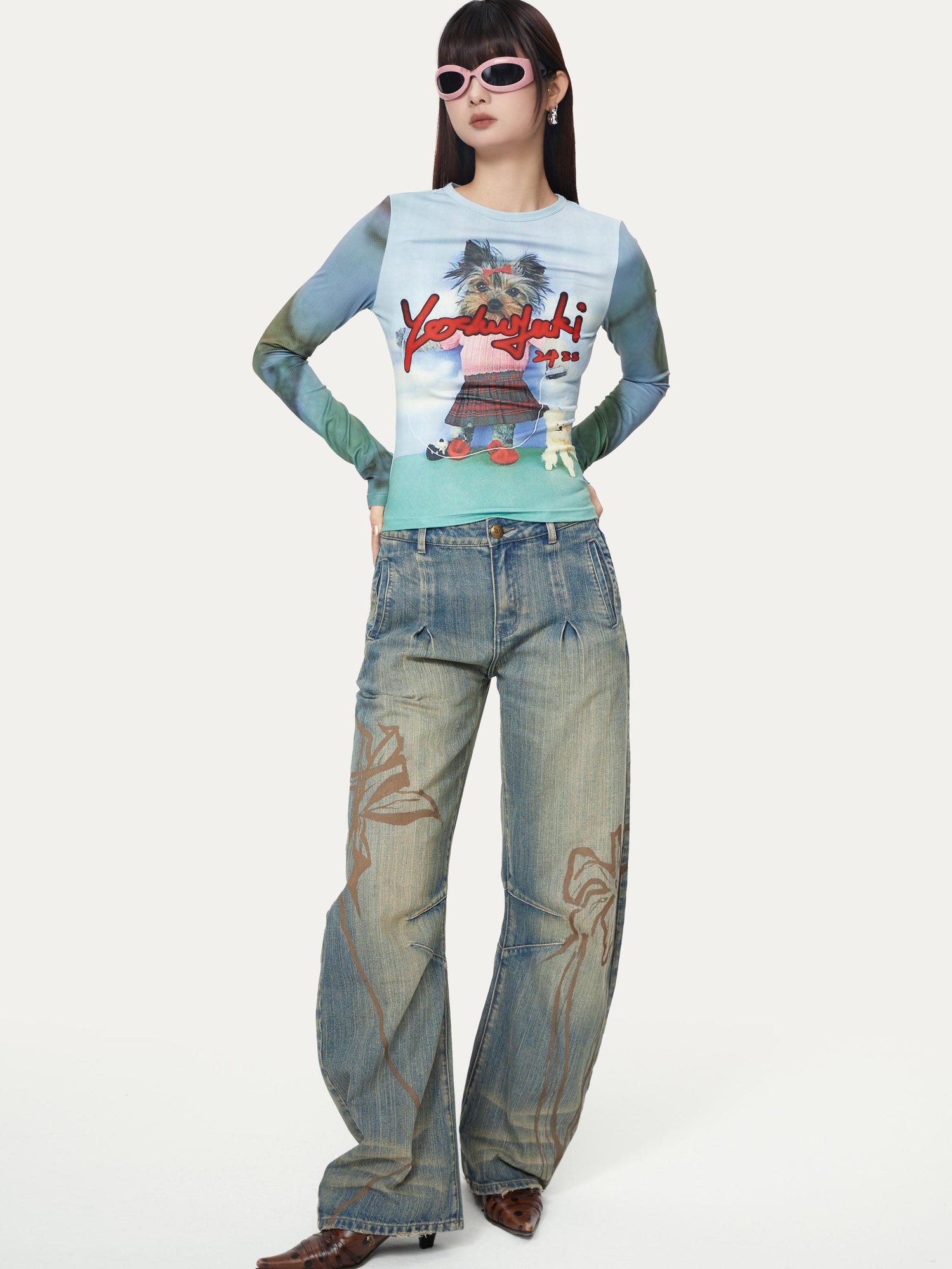 YOSHUYUKI Dancing Puppy Yoshuyuki Print Fitted Long Sleeve T Shirt