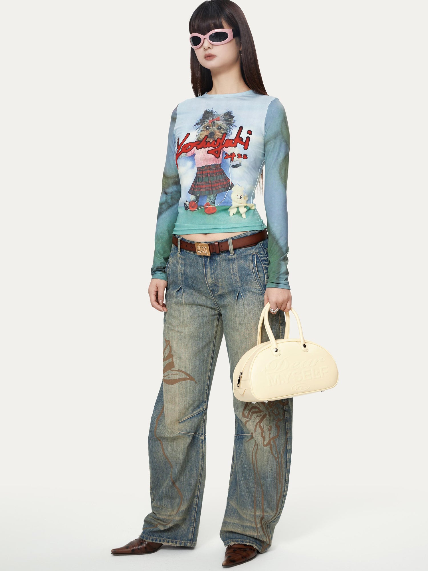 YOSHUYUKI Dancing Puppy Yoshuyuki Print Fitted Long Sleeve T Shirt