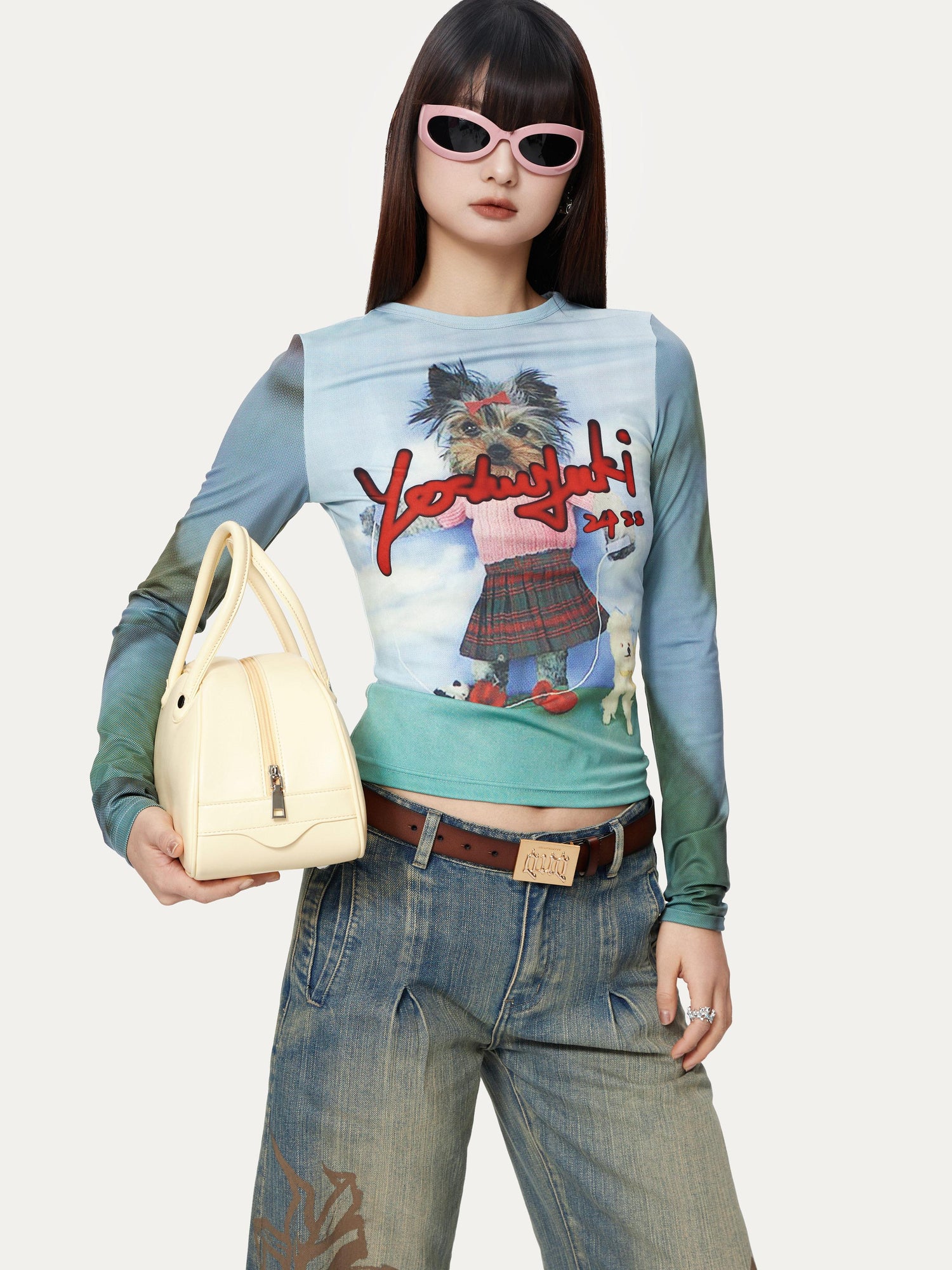 YOSHUYUKI Dancing Puppy Yoshuyuki Print Fitted Long Sleeve T Shirt