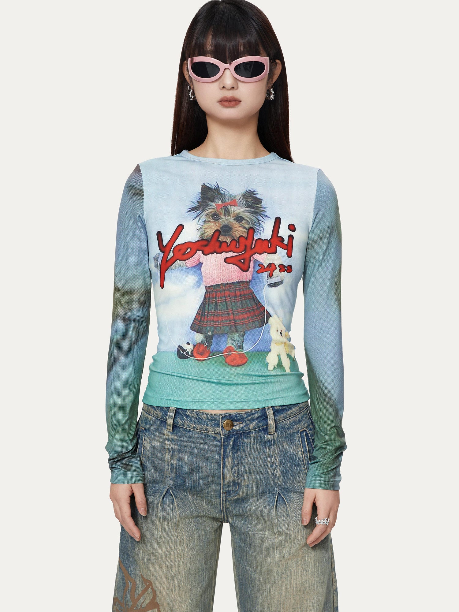 YOSHUYUKI Dancing Puppy Yoshuyuki Print Fitted Long Sleeve T Shirt