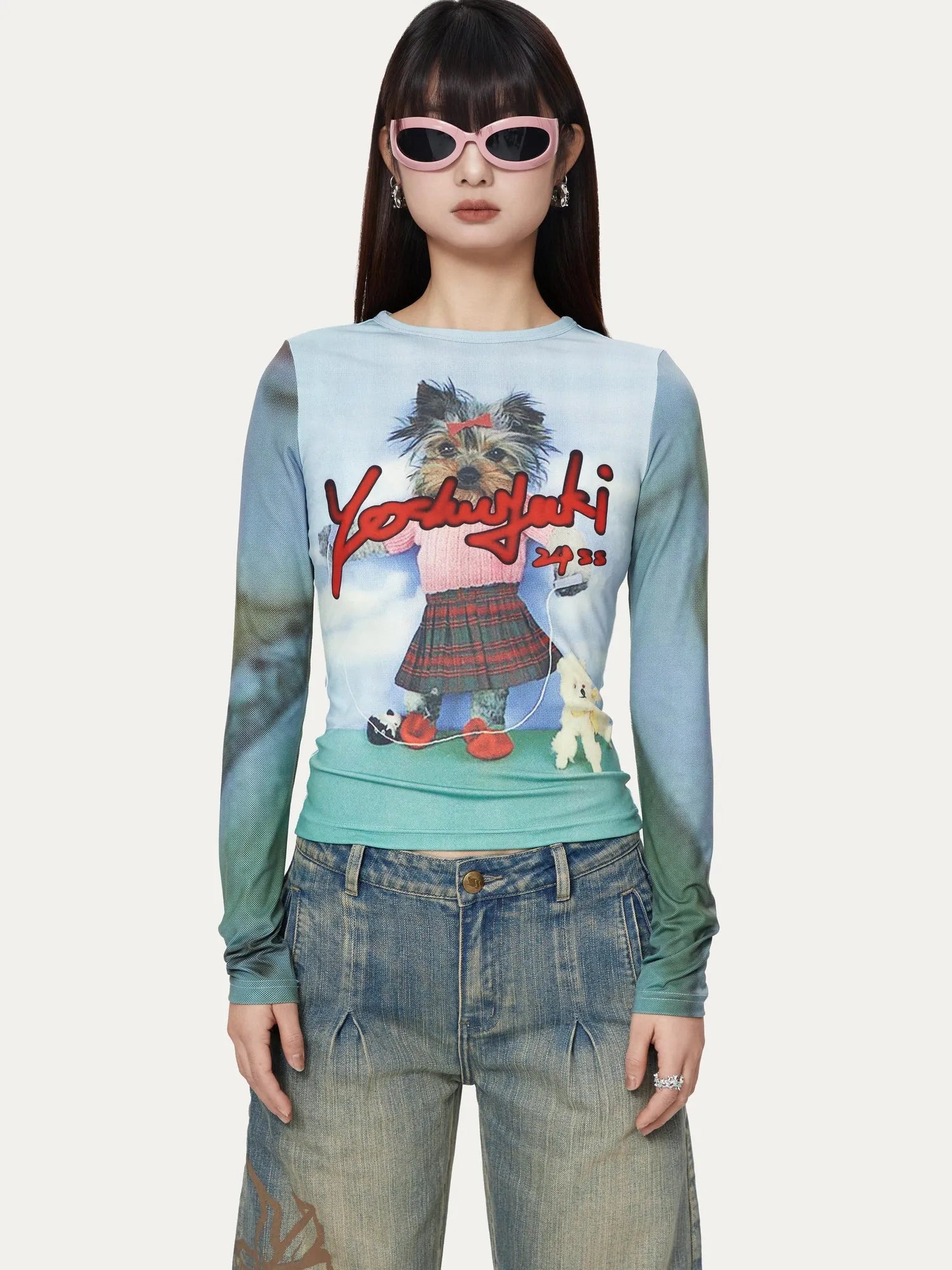 Dancing Puppy Print Fitted Long Sleeve T Shirt