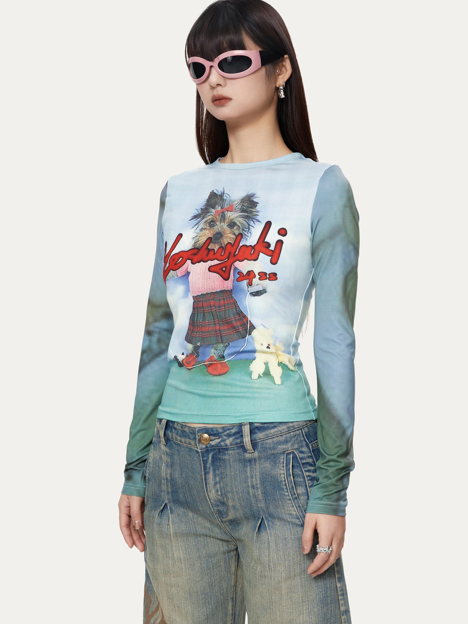 YOSHUYUKI Dancing Puppy Yoshuyuki Print Fitted Long Sleeve T Shirt