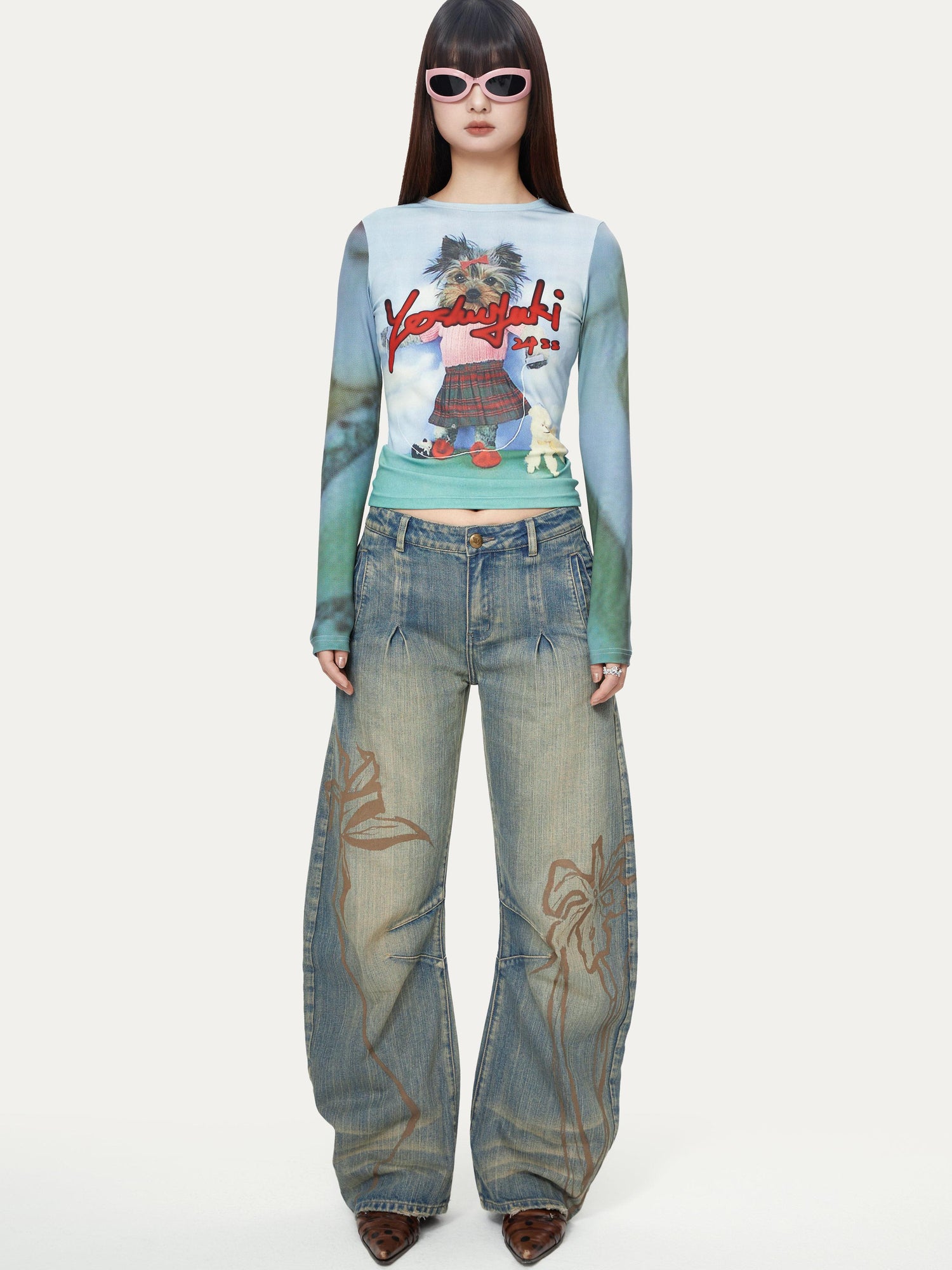 YOSHUYUKI Dancing Puppy Yoshuyuki Print Fitted Long Sleeve T Shirt