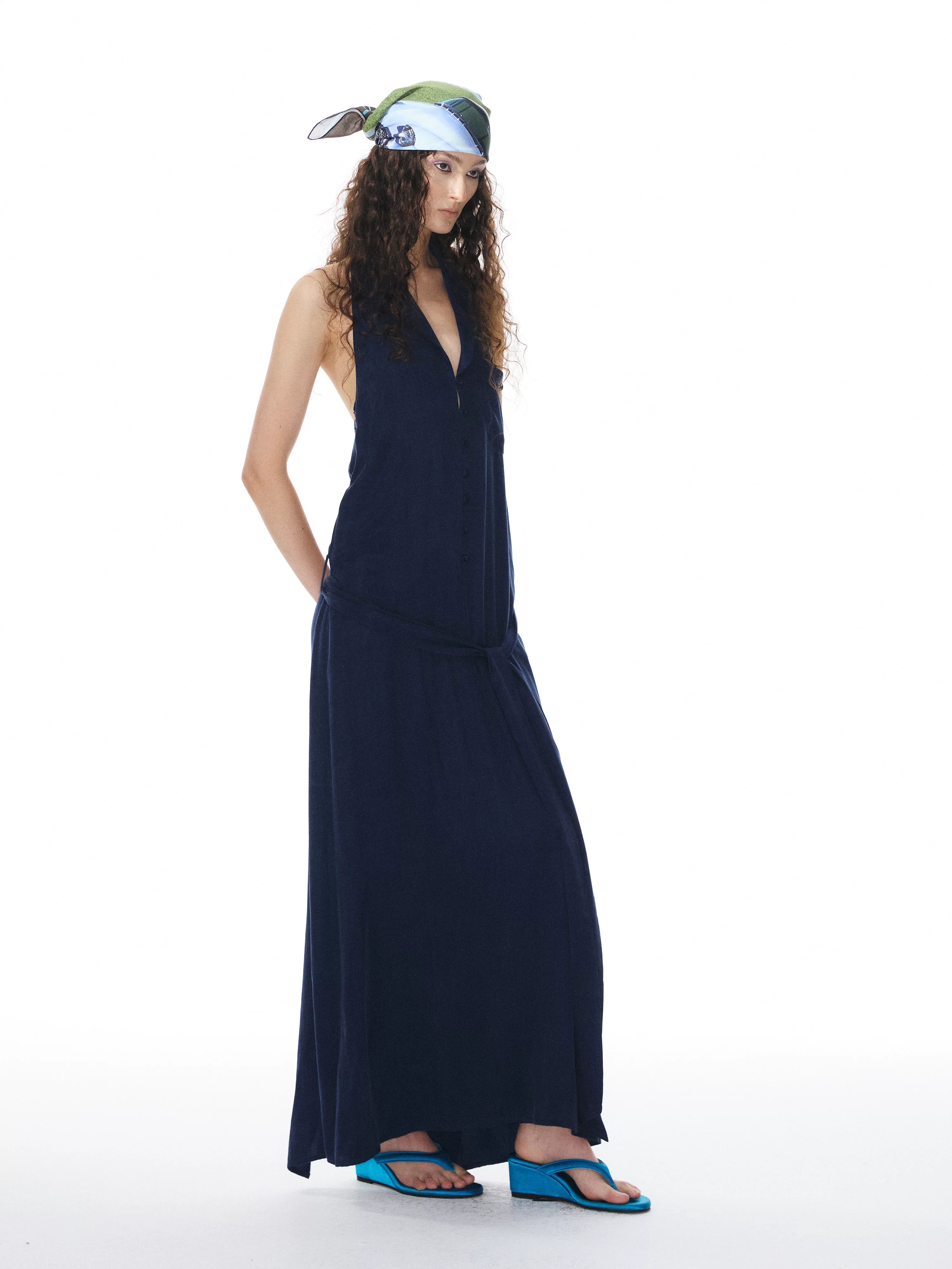 YOSHUYUKI Deep Blue Draped Halter Sash Lapel Women&