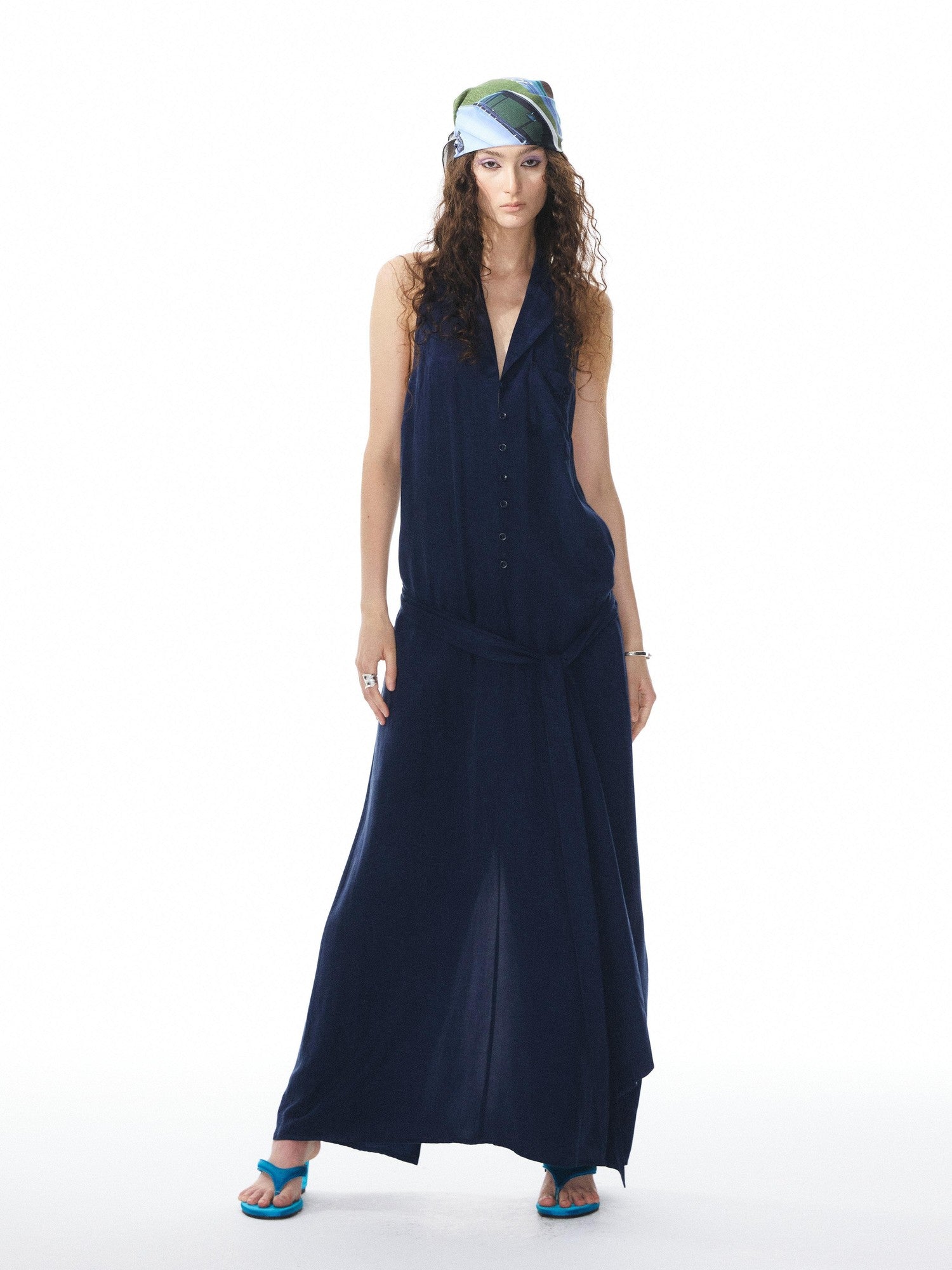YOSHUYUKI Deep Blue Draped Halter Sash Lapel Women&