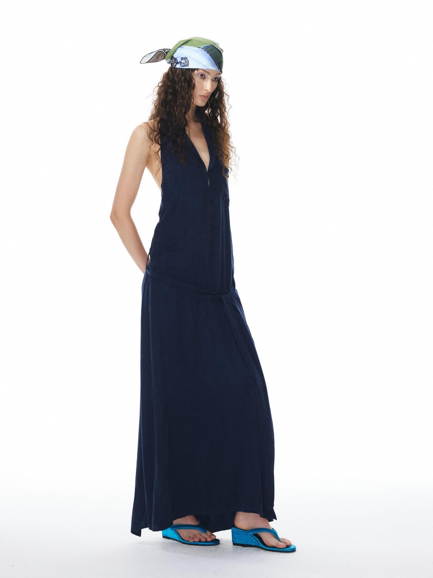 YOSHUYUKI Deep Blue Draped Halter Sash Lapel Women&