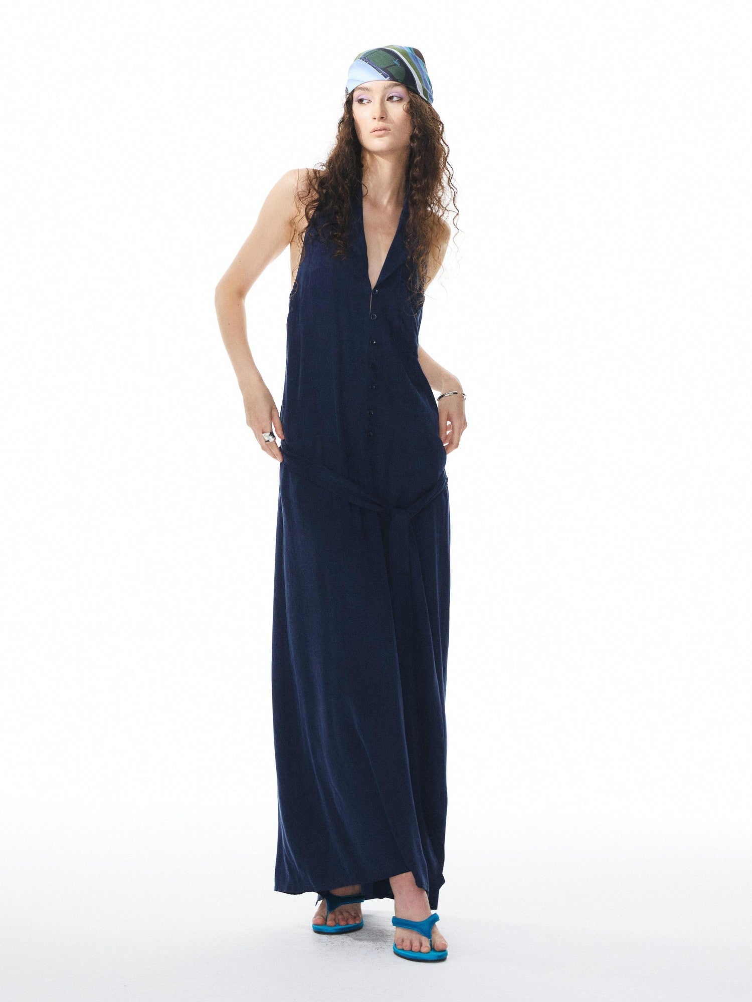 YOSHUYUKI Deep Blue Draped Halter Sash Lapel Women&
