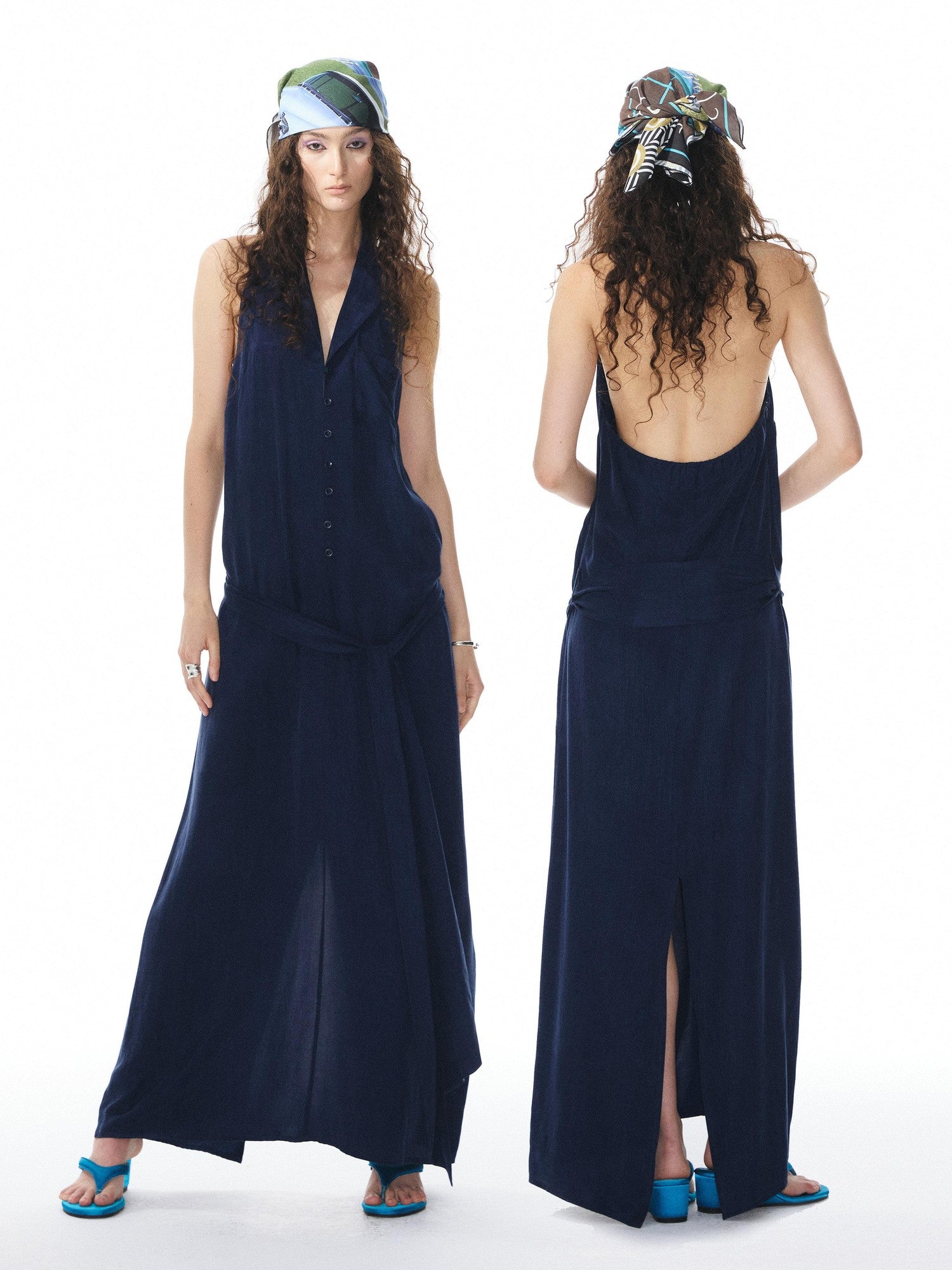 YOSHUYUKI Deep Blue Draped Halter Sash Lapel Women&