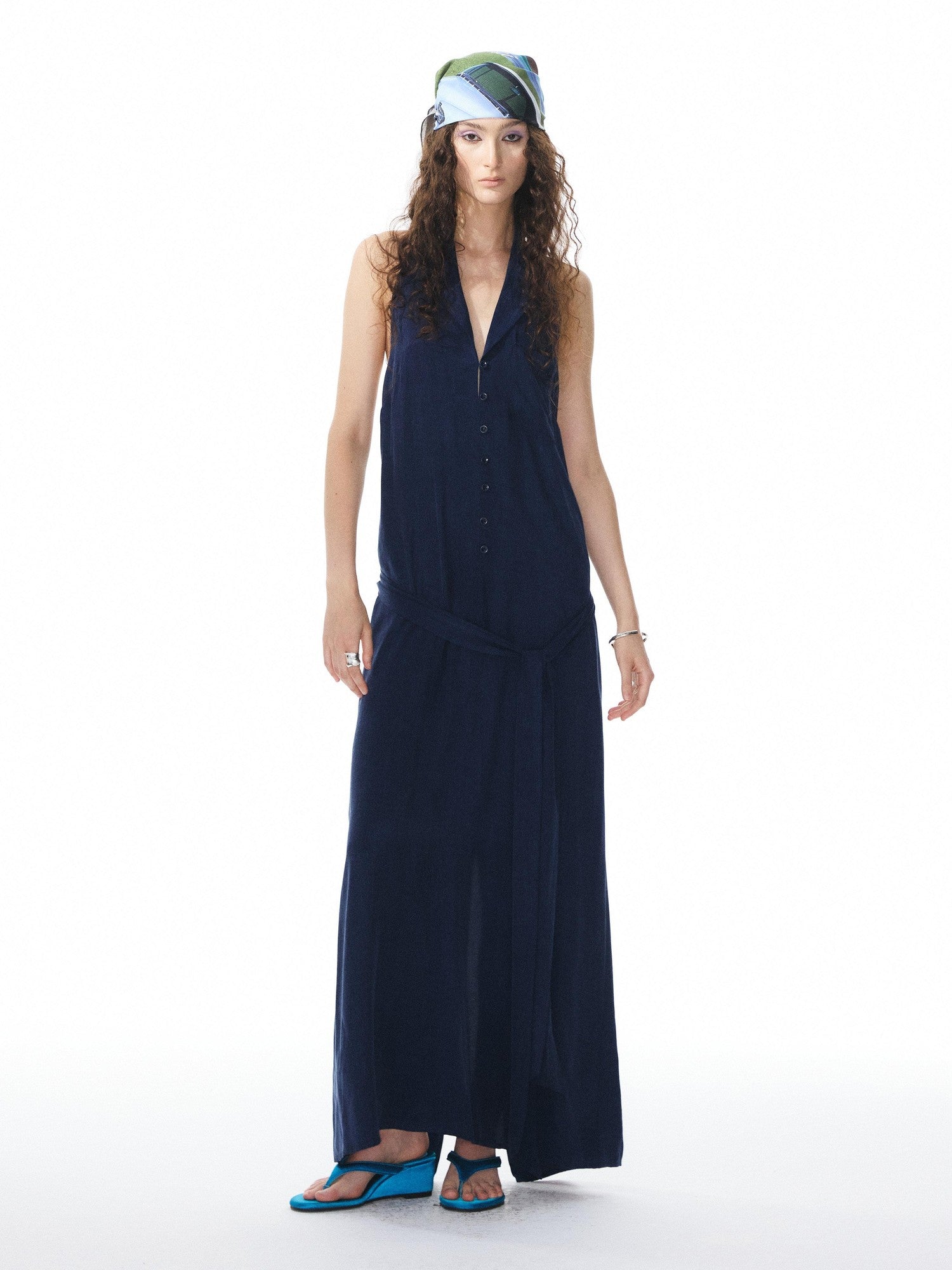 YOSHUYUKI Deep Blue Draped Halter Sash Lapel Women&