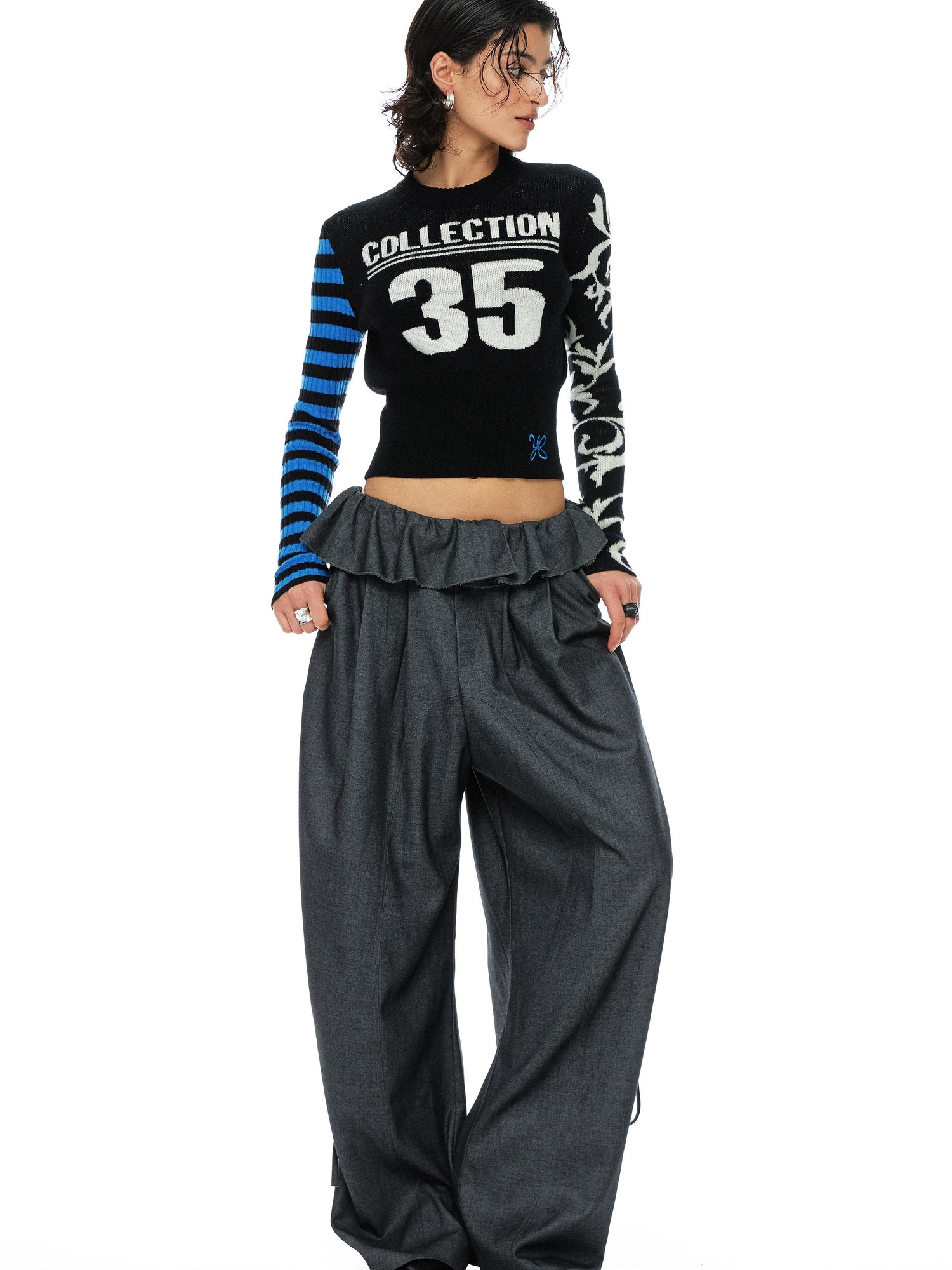 Digital Jacquard Blue Black Wool Blend Sweater