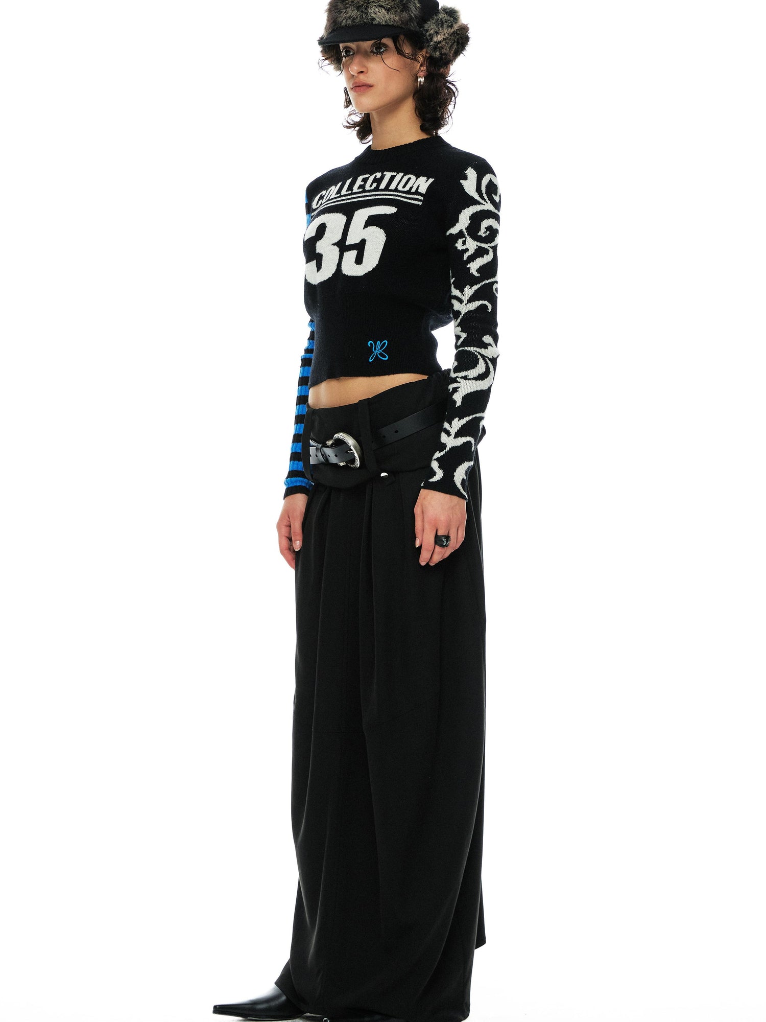 Digital Jacquard Blue Black Wool Blend Sweater