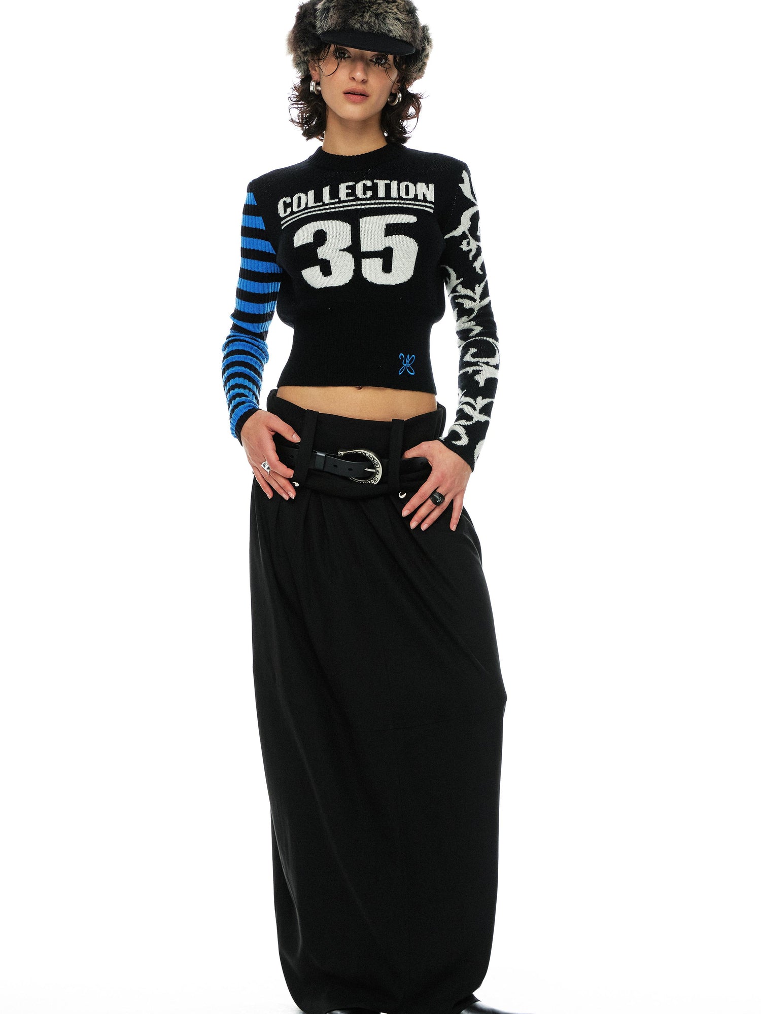 Digital Jacquard Blue Black Wool Blend Sweater