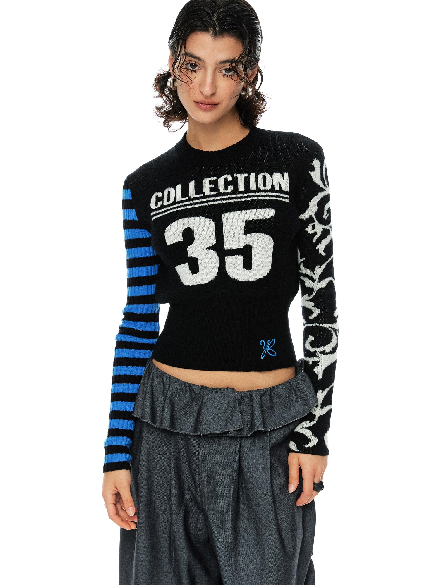 Digital Jacquard Blue Black Wool Blend Sweater