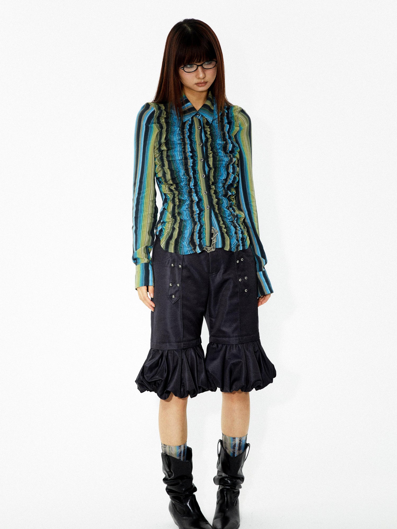 YOSHUYUKI Elastic Hem Asymmetrical Pleat Blue Green Contrast Stripe Shirt
