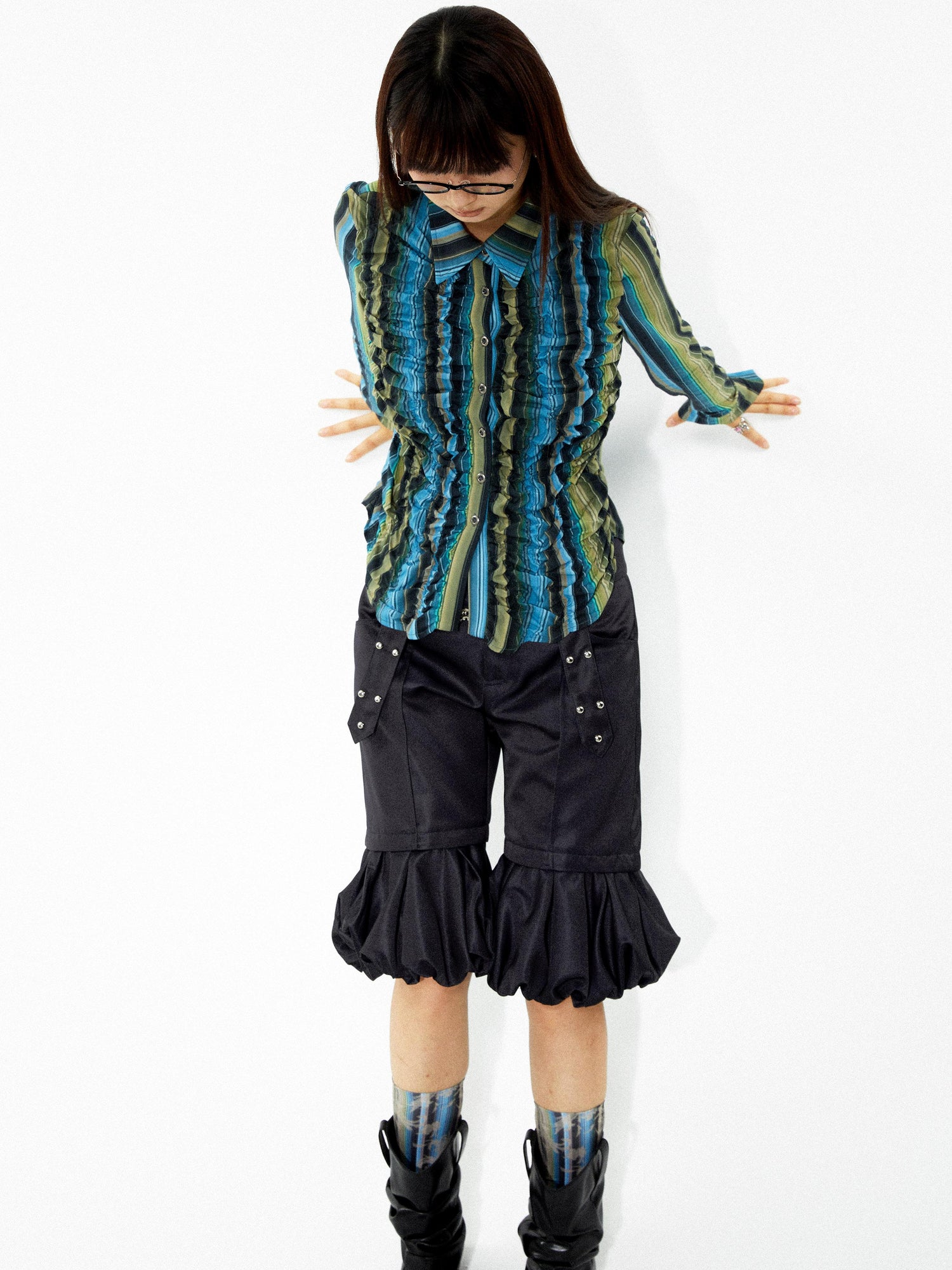 YOSHUYUKI Elastic Hem Asymmetrical Pleat Blue Green Contrast Stripe Shirt