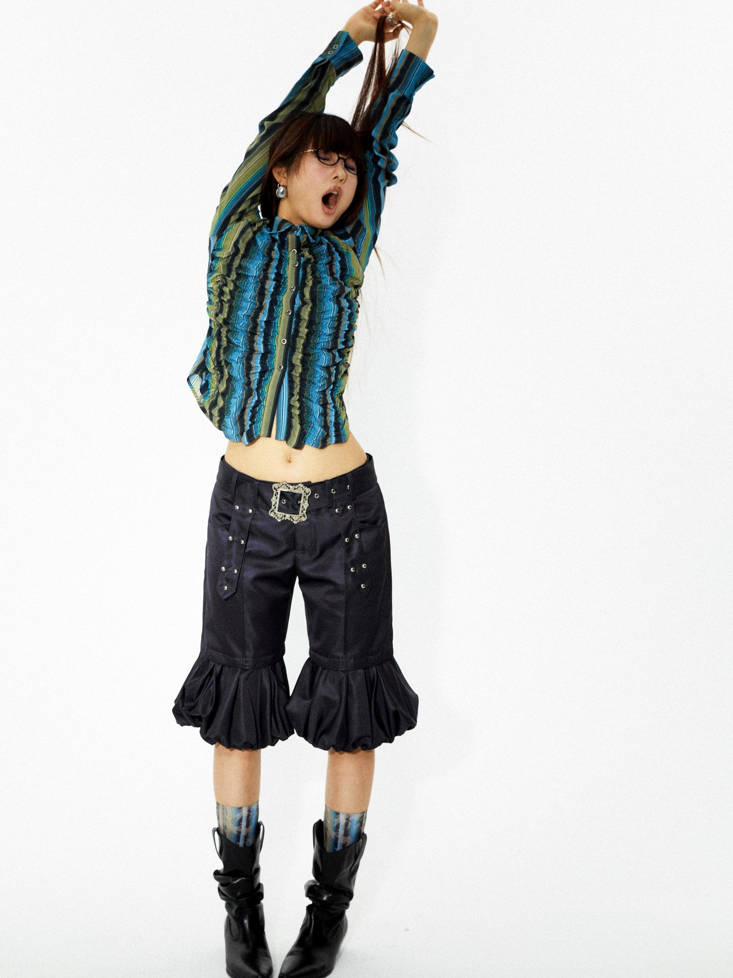 YOSHUYUKI Elastic Hem Asymmetrical Pleat Blue Green Contrast Stripe Shirt