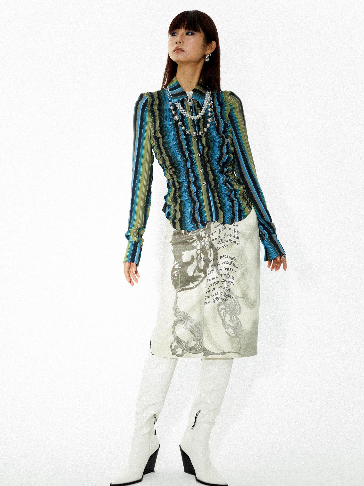 YOSHUYUKI Elastic Hem Asymmetrical Pleat Blue Green Contrast Stripe Shirt