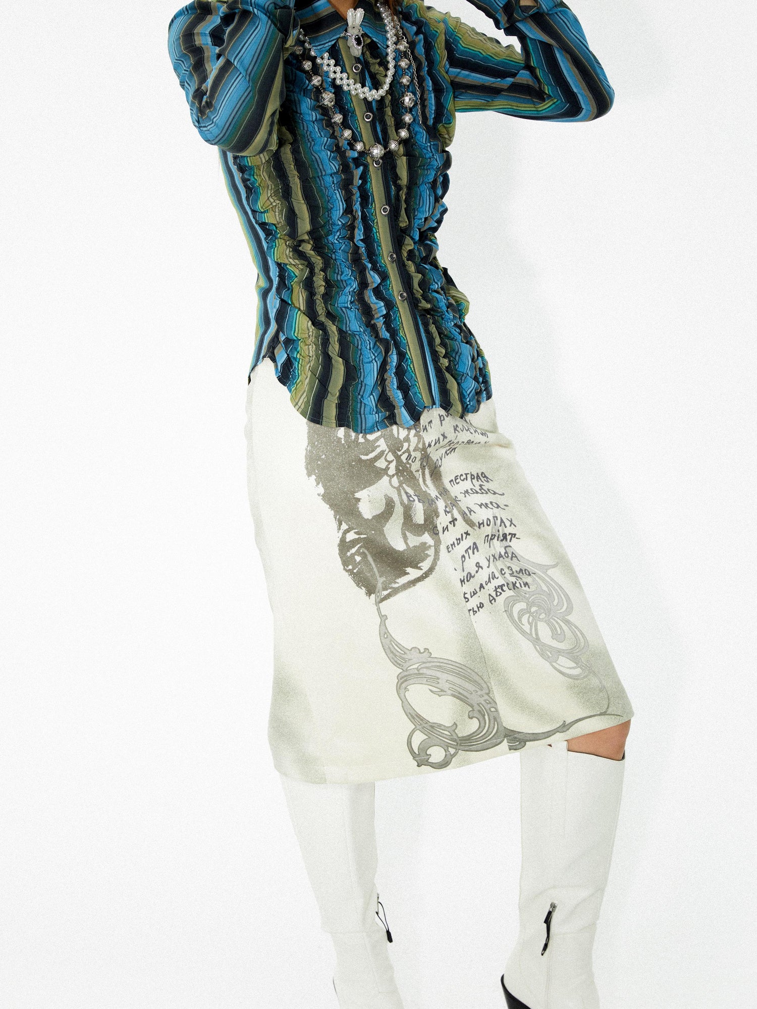 YOSHUYUKI Elastic Hem Asymmetrical Pleat Blue Green Contrast Stripe Shirt