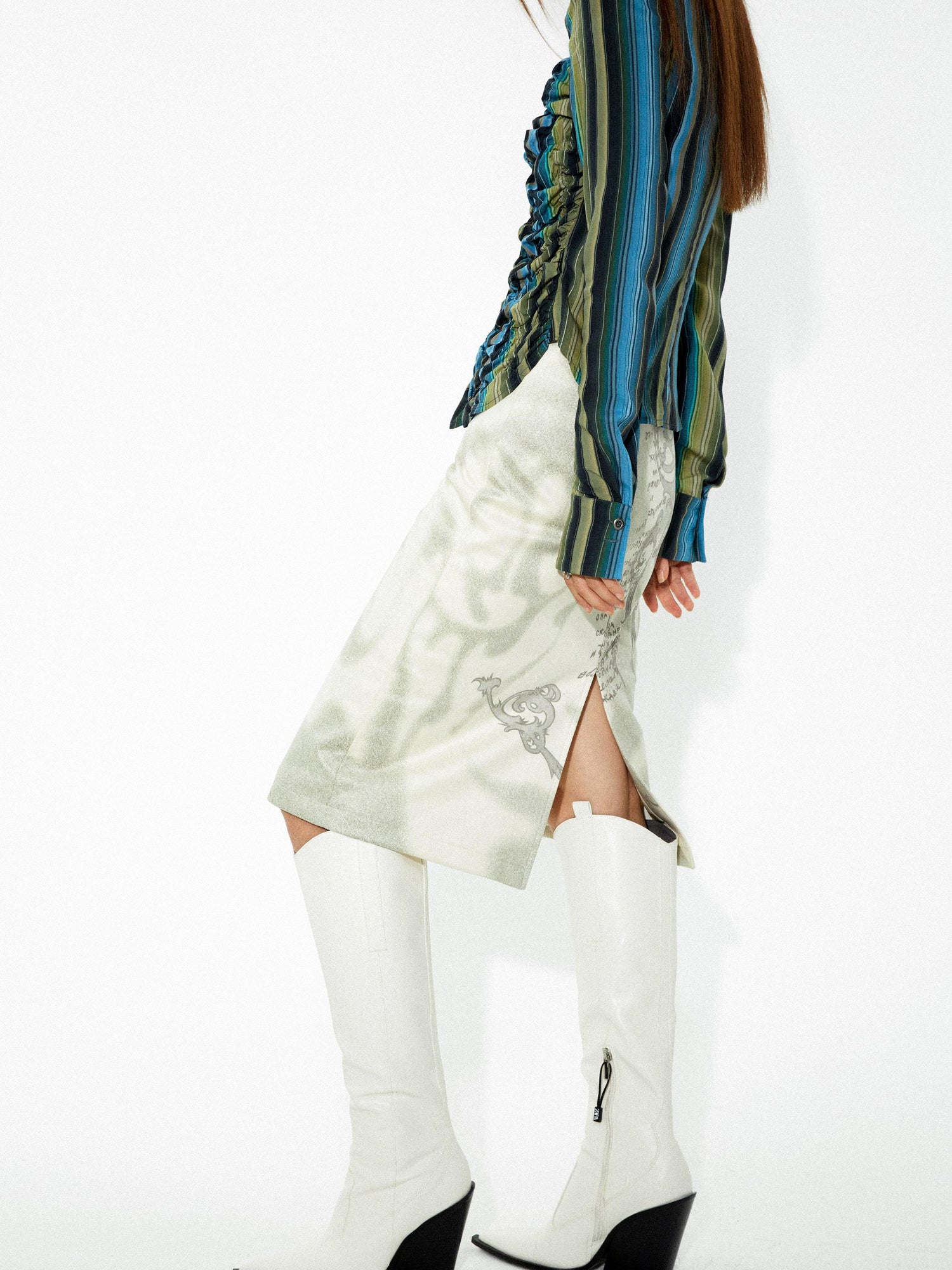 YOSHUYUKI Elastic Hem Asymmetrical Pleat Blue Green Contrast Stripe Shirt