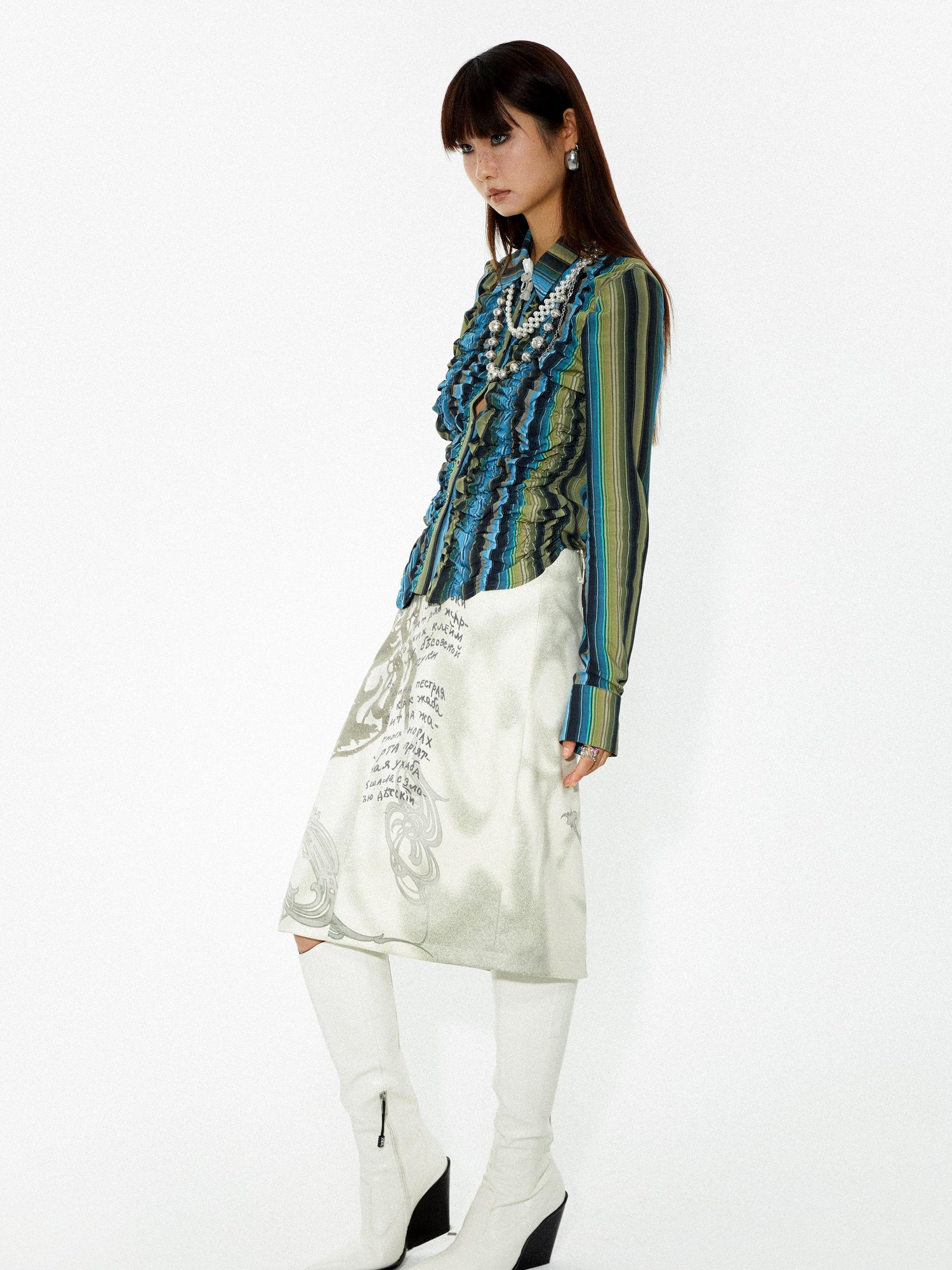 YOSHUYUKI Elastic Hem Asymmetrical Pleat Blue Green Contrast Stripe Shirt