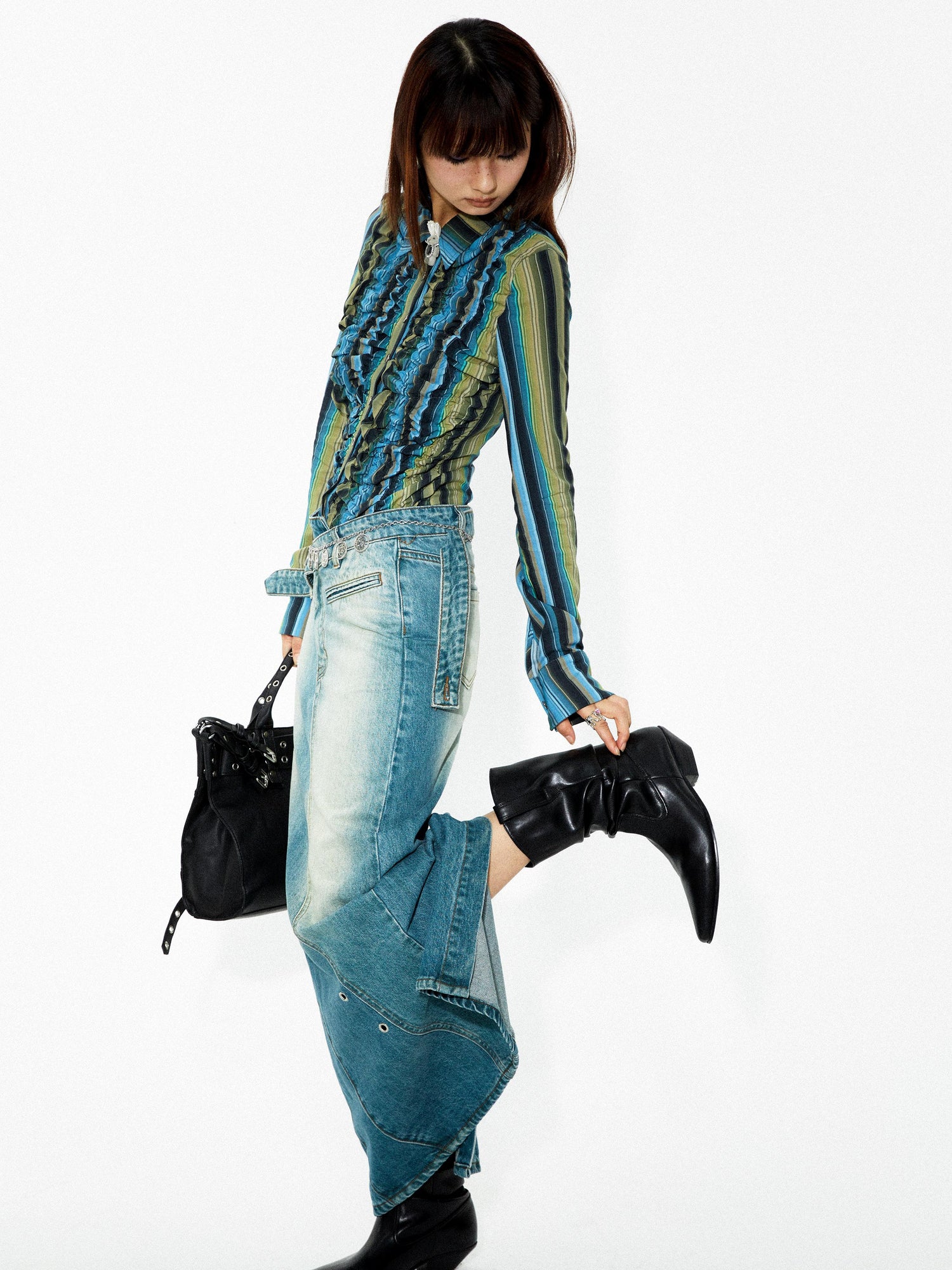 YOSHUYUKI Elastic Hem Asymmetrical Pleat Blue Green Contrast Stripe Shirt