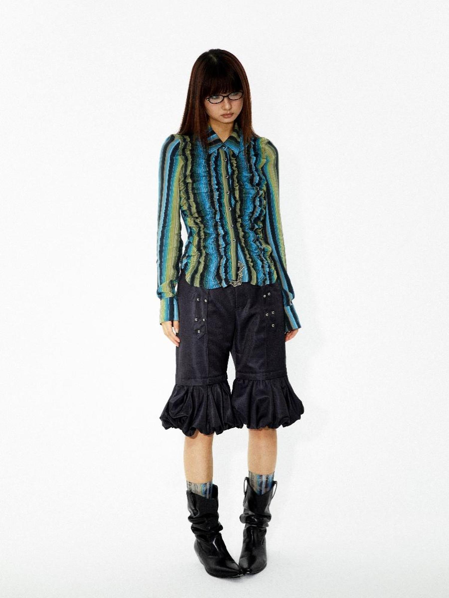 YOSHUYUKI Elastic Hem Asymmetrical Pleat Blue Green Contrast Stripe Shirt