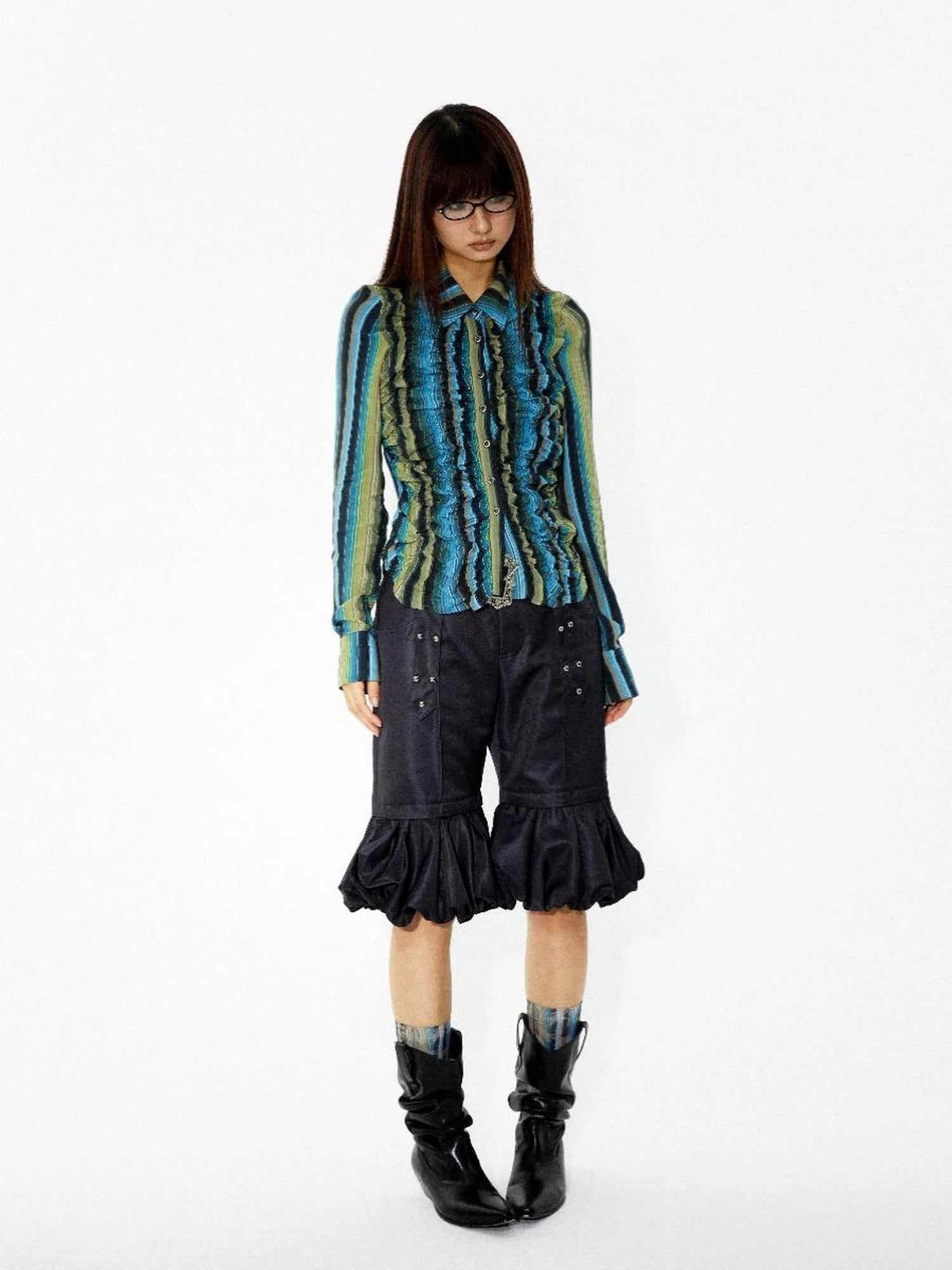 Elastic Hem Asymmetrical Pleat Blue Green Contrast Stripe Shirt